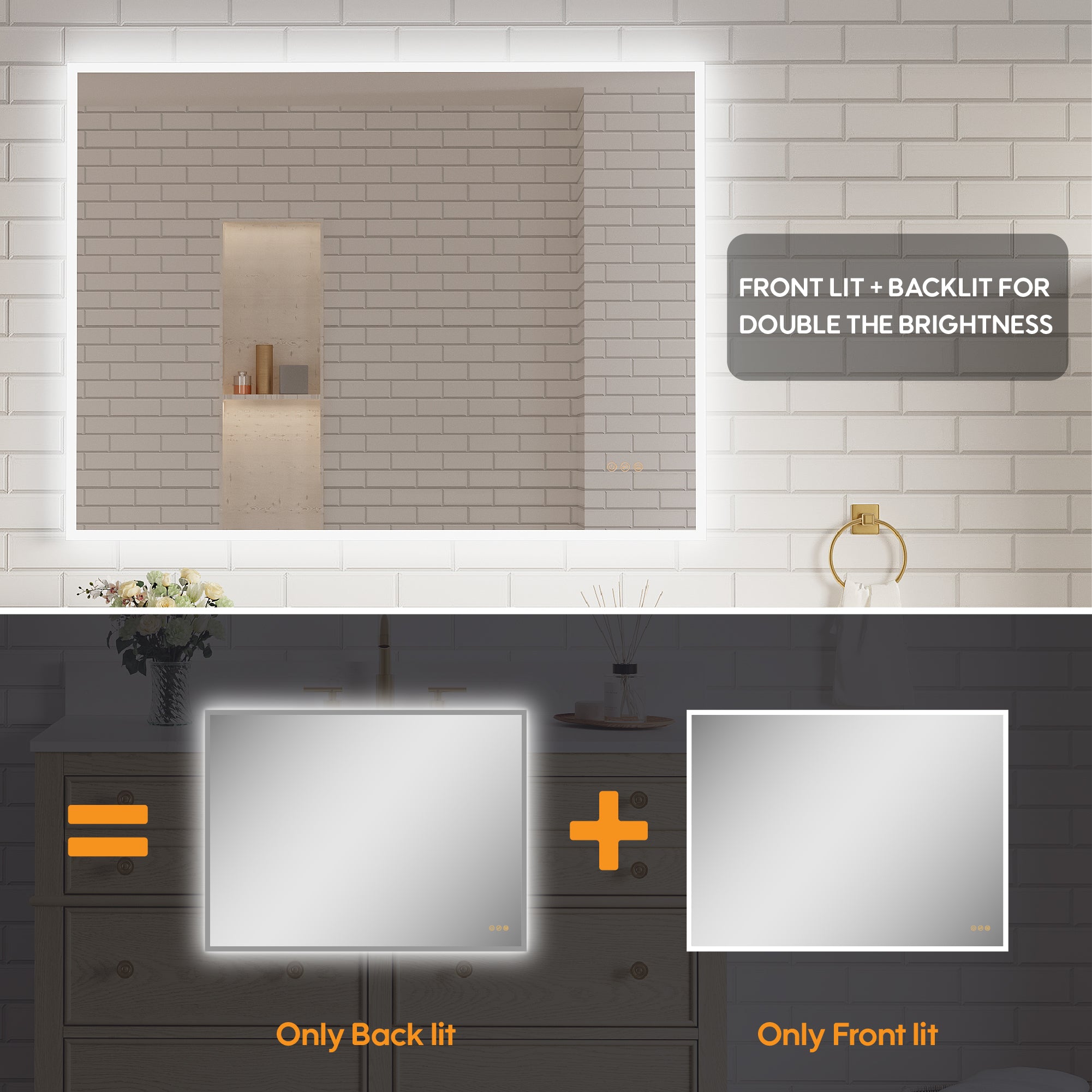 48 in. W x 36 in. H Frameless LED Frontlit & Backlit Bathroom Vanity Mirror, Dimmable & Anti-Fog, Wall Mounted