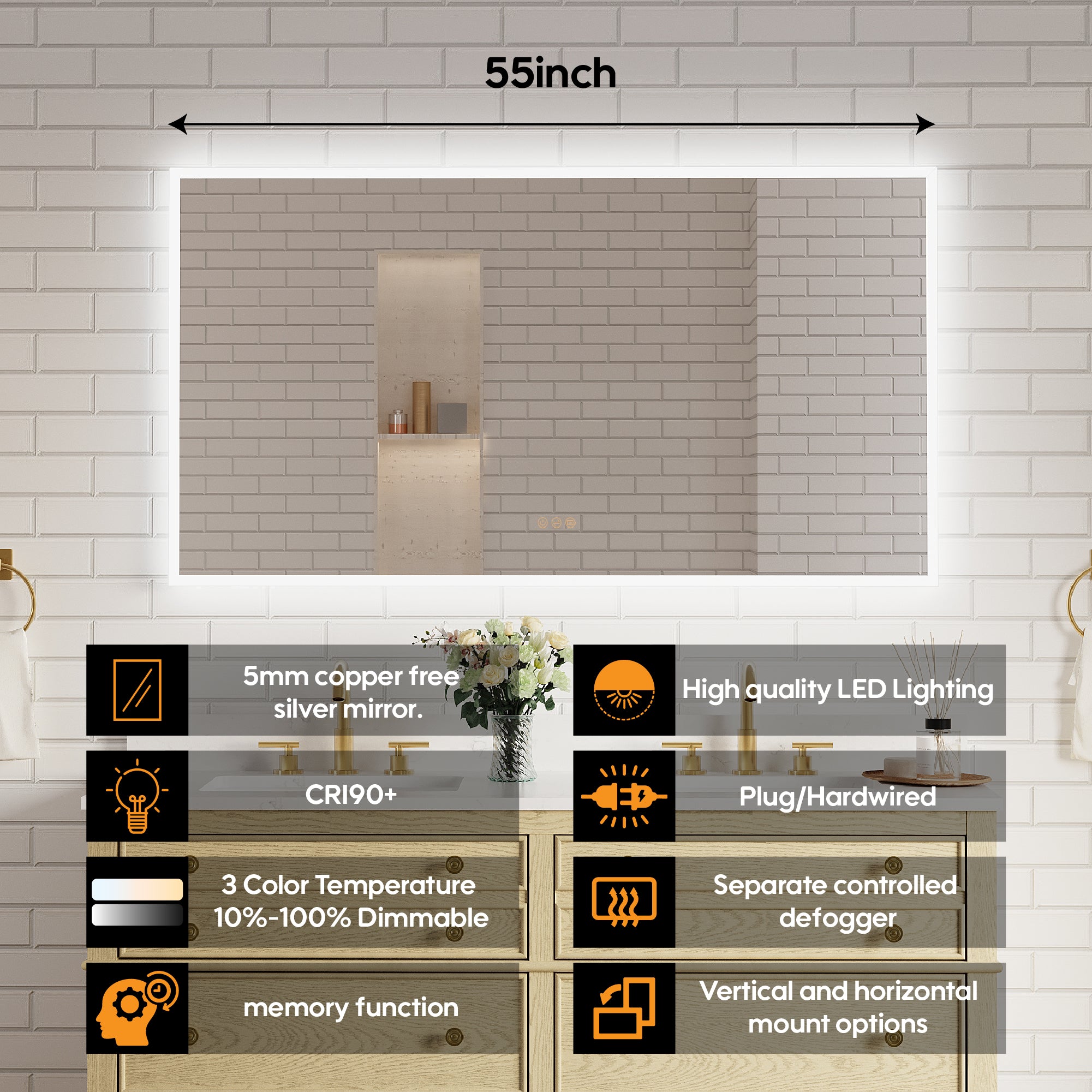 55 in. W x 30 in. H Frameless LED Frontlit & Backlit Bathroom Vanity Mirror, Dimmable & Anti-Fog, Wall Mounted