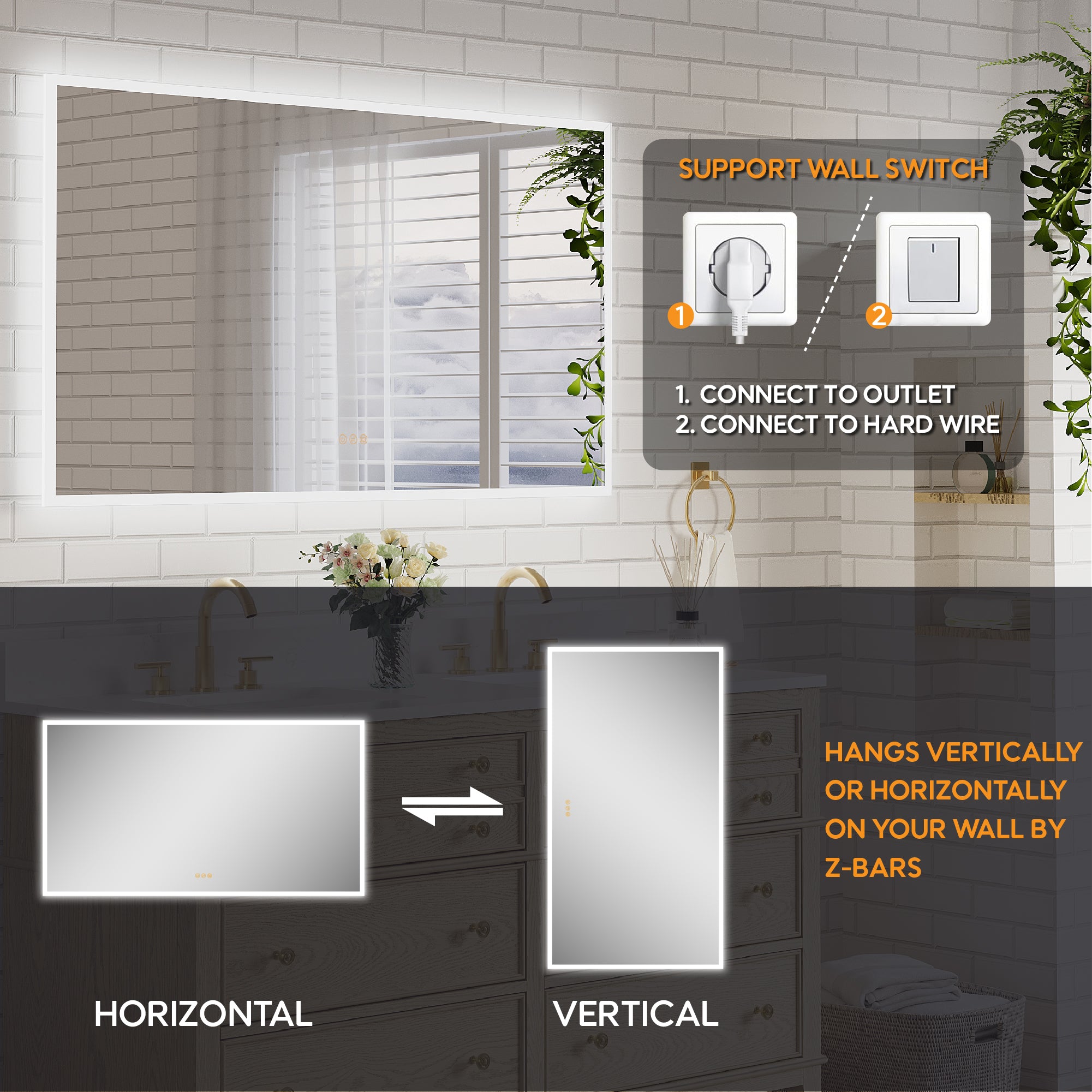 55 in. W x 30 in. H Frameless LED Frontlit & Backlit Bathroom Vanity Mirror, Dimmable & Anti-Fog, Wall Mounted