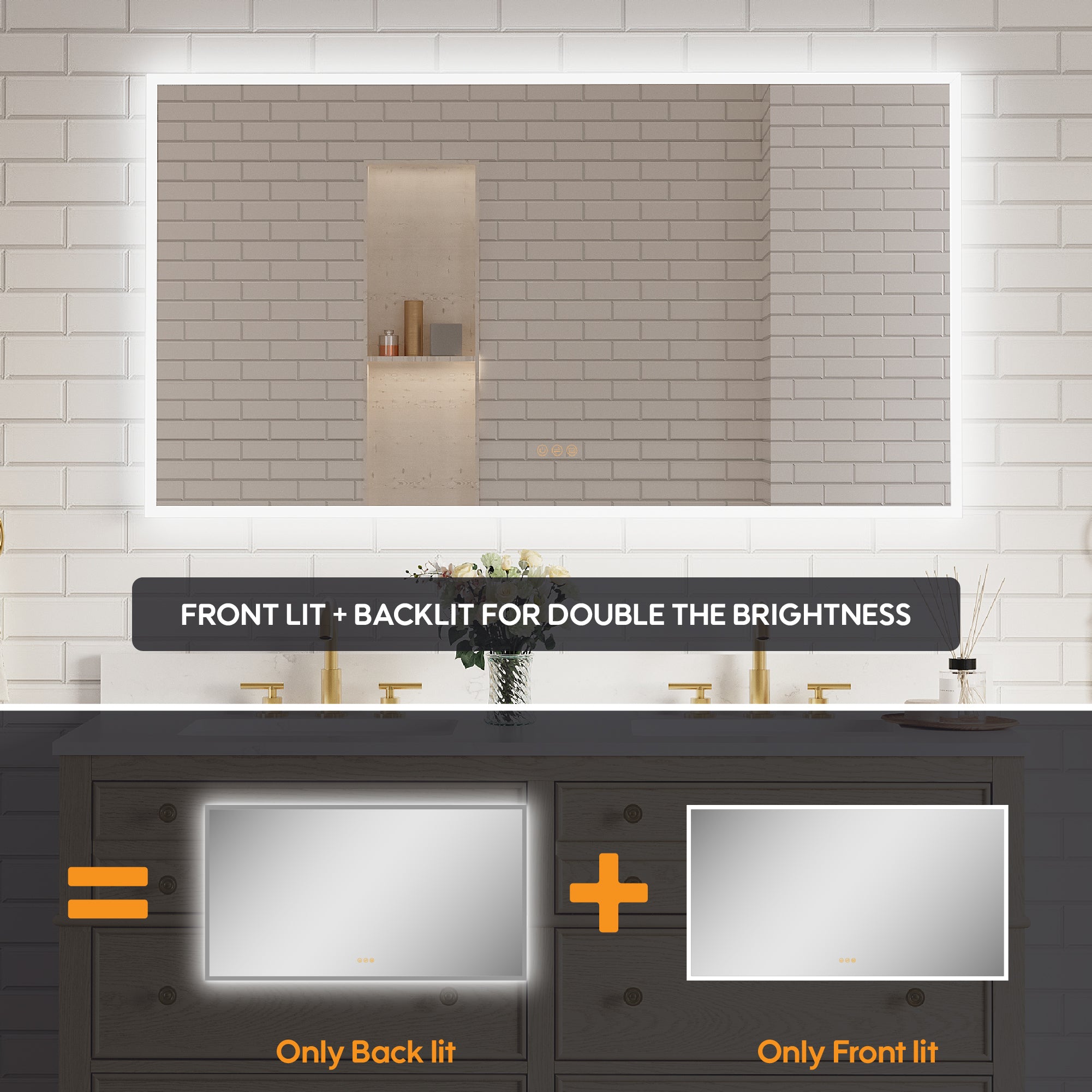 55 in. W x 30 in. H Frameless LED Frontlit & Backlit Bathroom Vanity Mirror, Dimmable & Anti-Fog, Wall Mounted