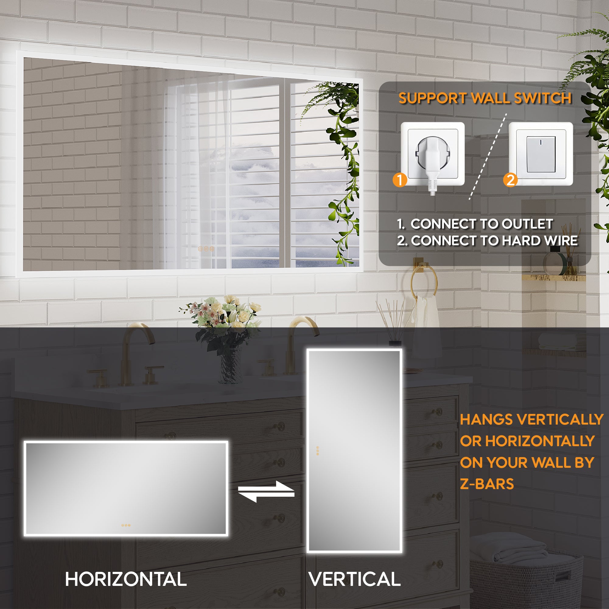 60 in. W x 28 in. H Frameless LED Frontlit & Backlit Bathroom Vanity Mirror, Dimmable & Anti-Fog, Wall Mounted