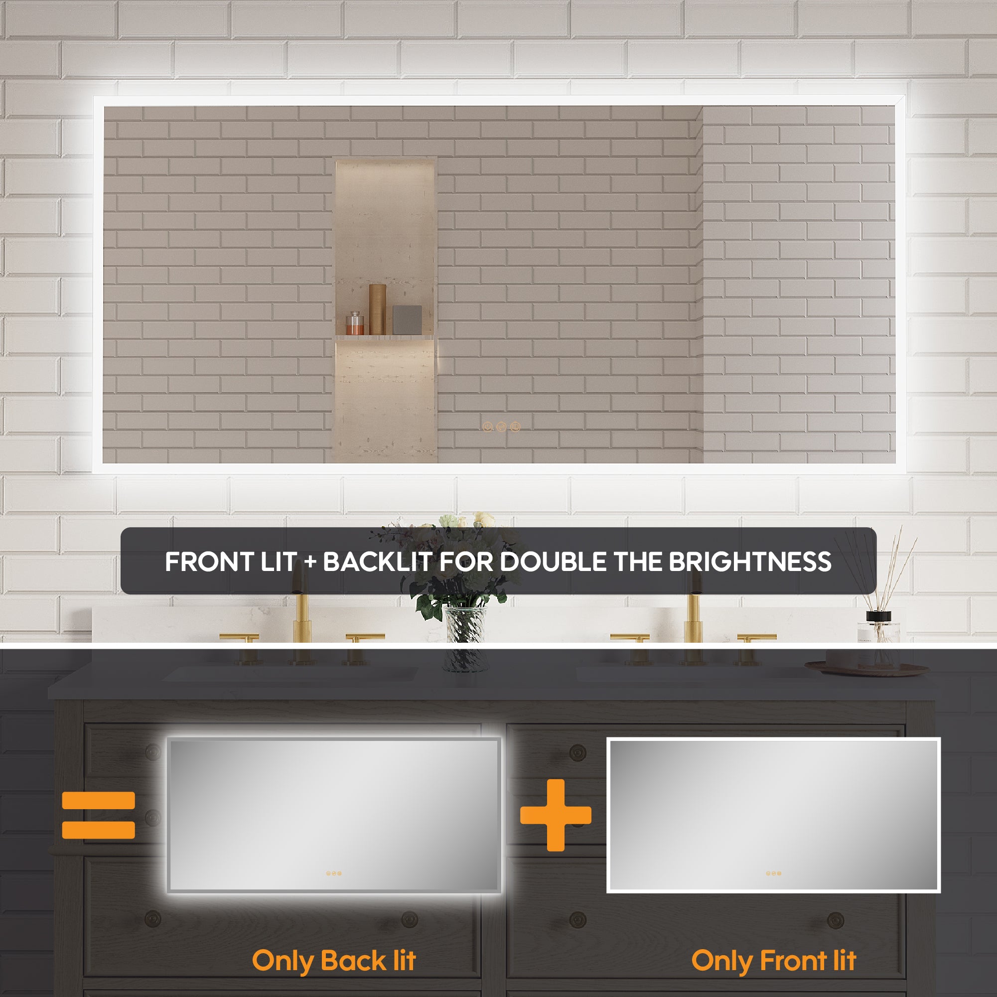 60 in. W x 28 in. H Frameless LED Frontlit & Backlit Bathroom Vanity Mirror, Dimmable & Anti-Fog, Wall Mounted