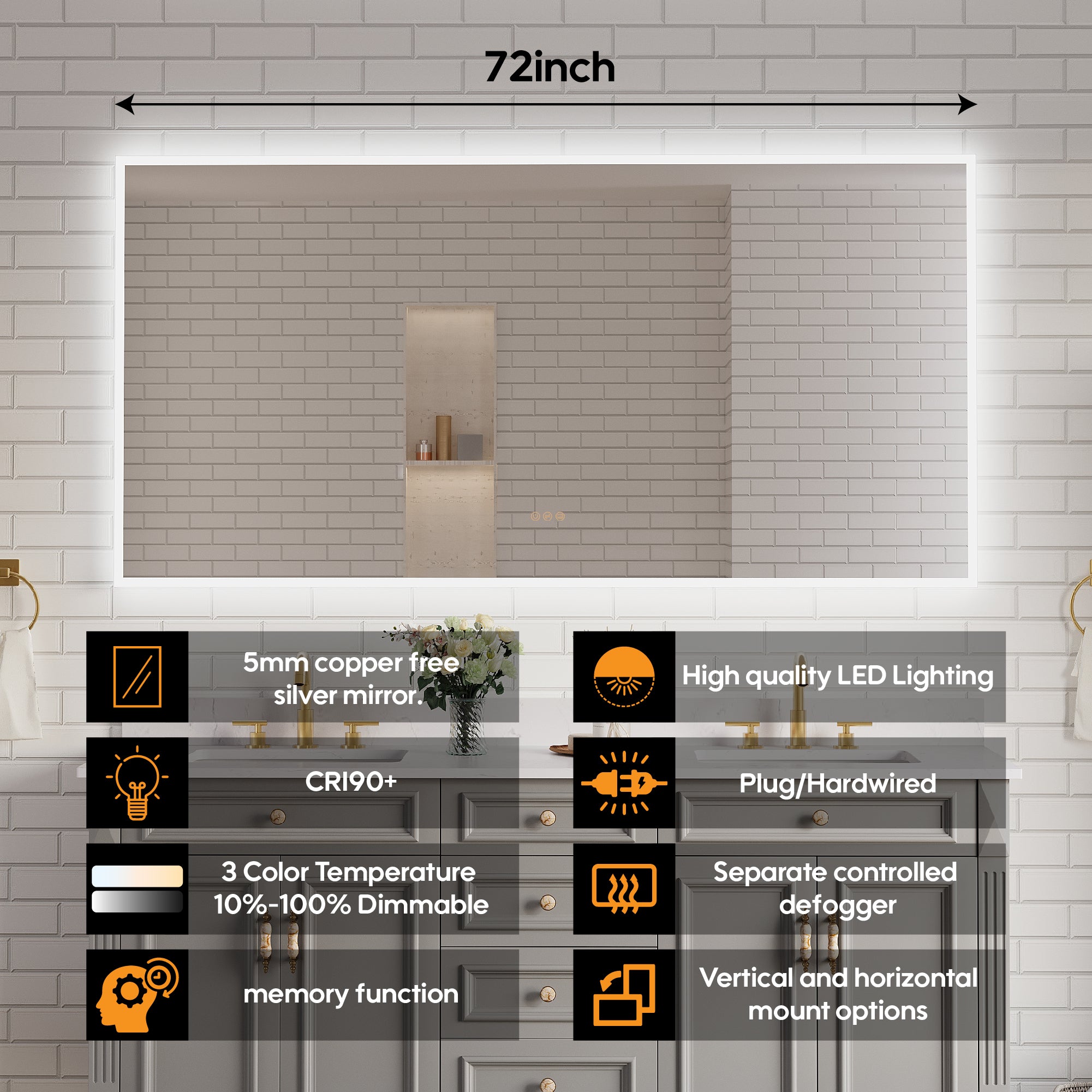 72" W x 36" H Frameless LED Frontlit & Backlit Bathroom Vanity Mirror, Dimmable & Anti-Fog, Wall Mounted