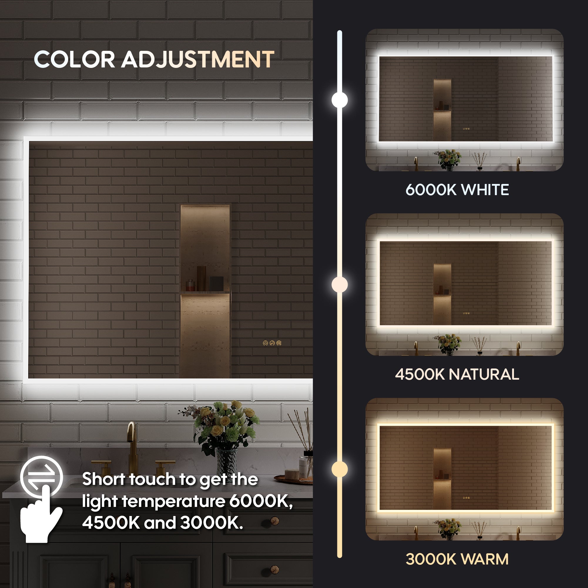 72" W x 36" H Frameless LED Frontlit & Backlit Bathroom Vanity Mirror, Dimmable & Anti-Fog, Wall Mounted