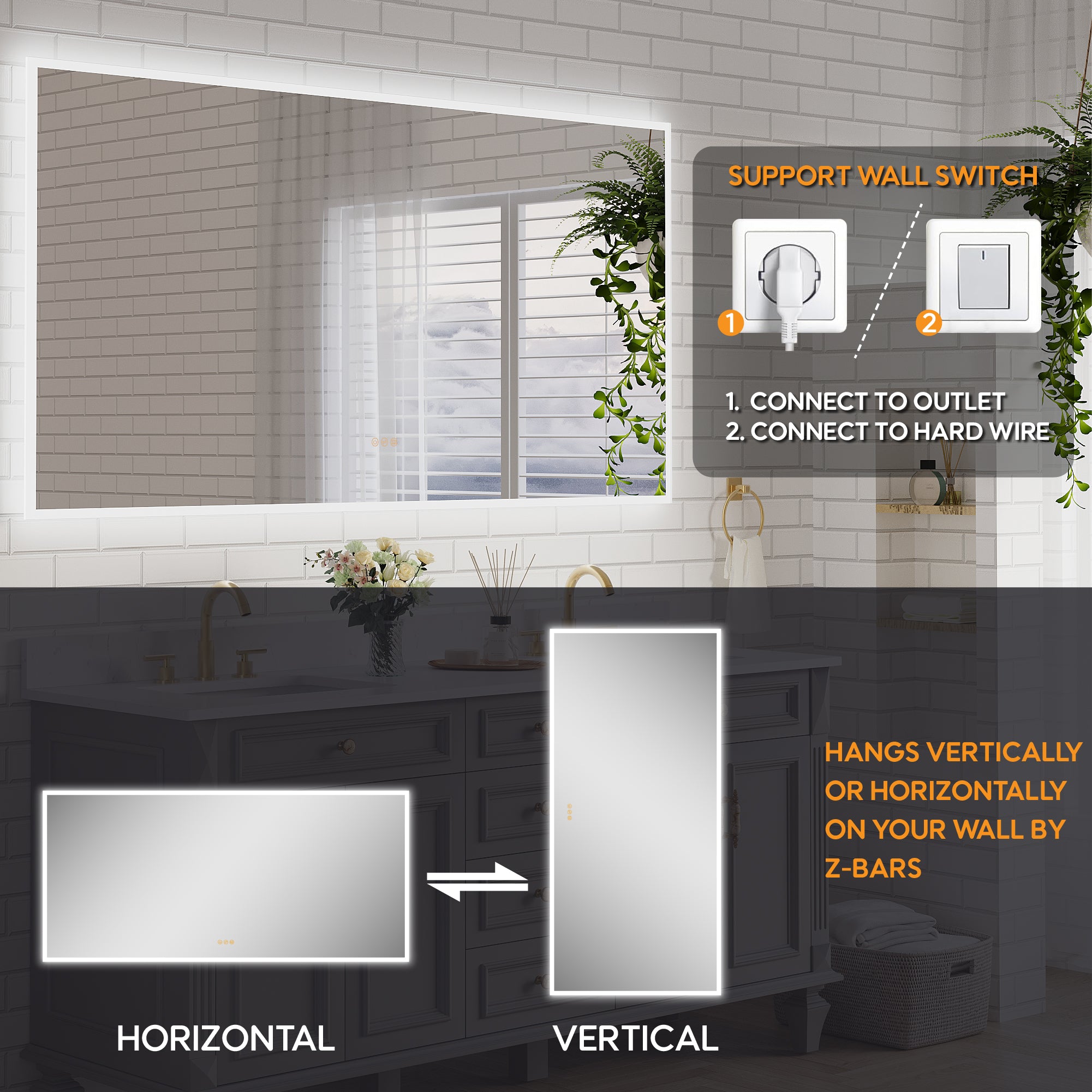 72" W x 36" H Frameless LED Frontlit & Backlit Bathroom Vanity Mirror, Dimmable & Anti-Fog, Wall Mounted