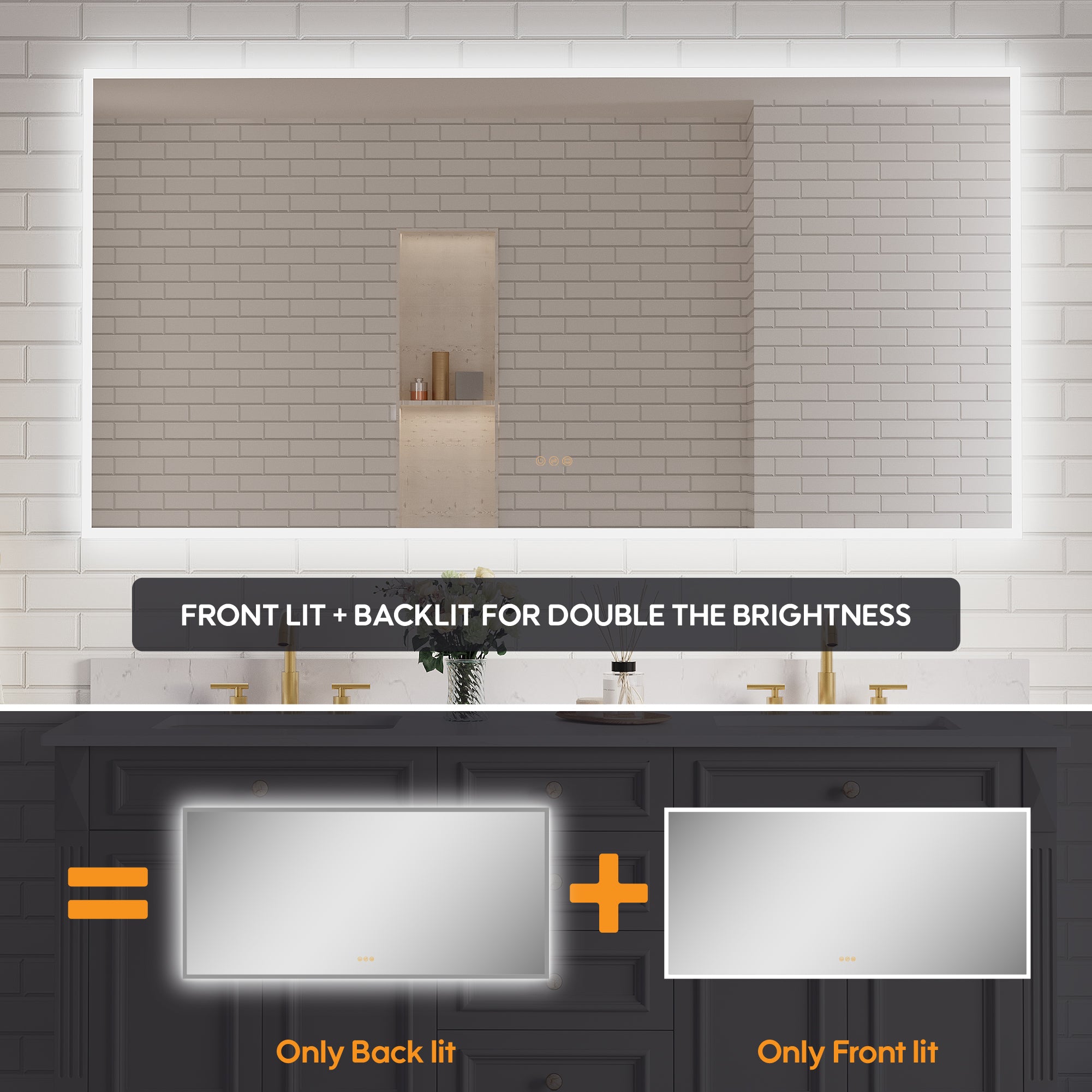 72" W x 36" H Frameless LED Frontlit & Backlit Bathroom Vanity Mirror, Dimmable & Anti-Fog, Wall Mounted