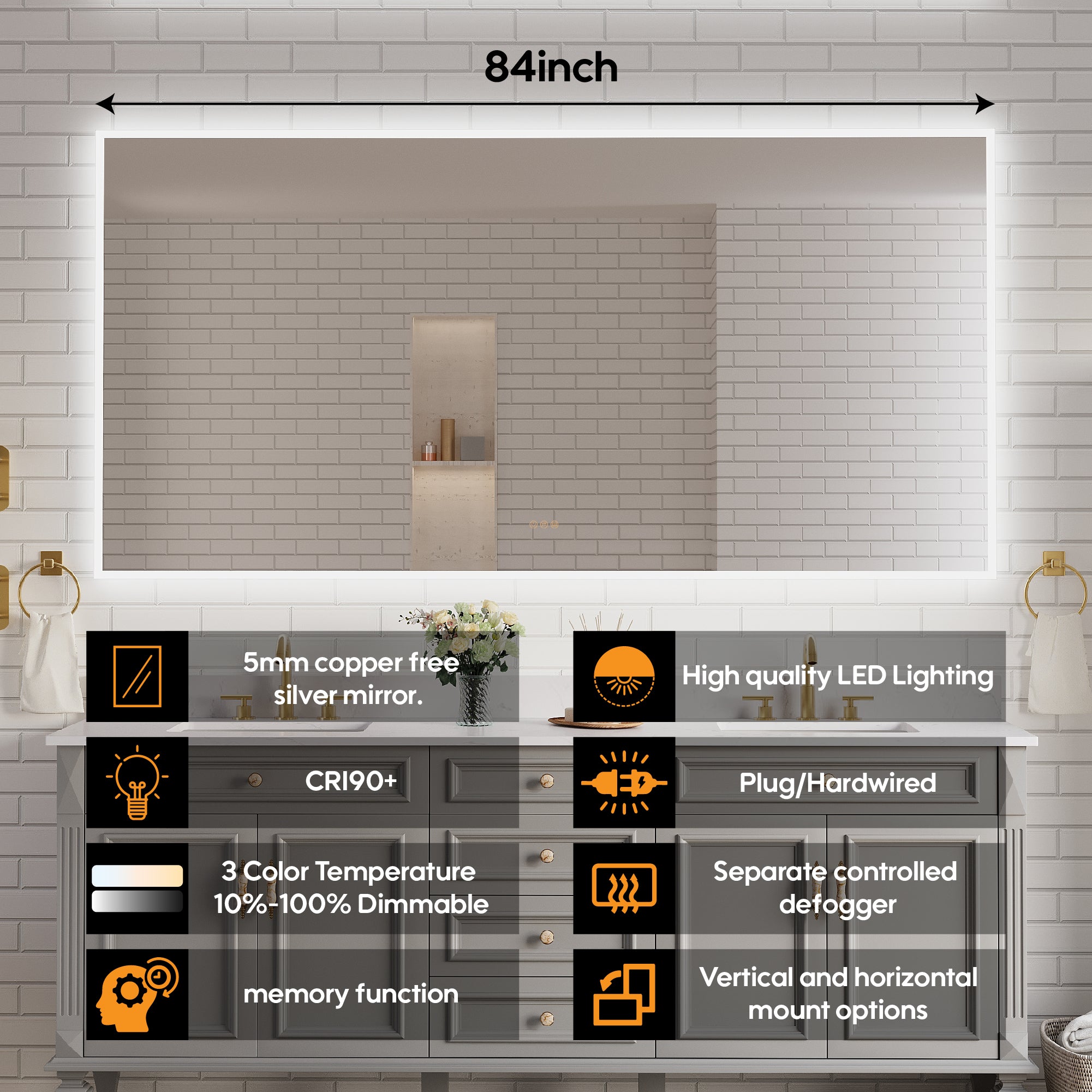 84 in. W x 42 in. H Frameless LED Frontlit & Backlit Bathroom Vanity Mirror, Dimmable & Anti-Fog, Wall Mounted