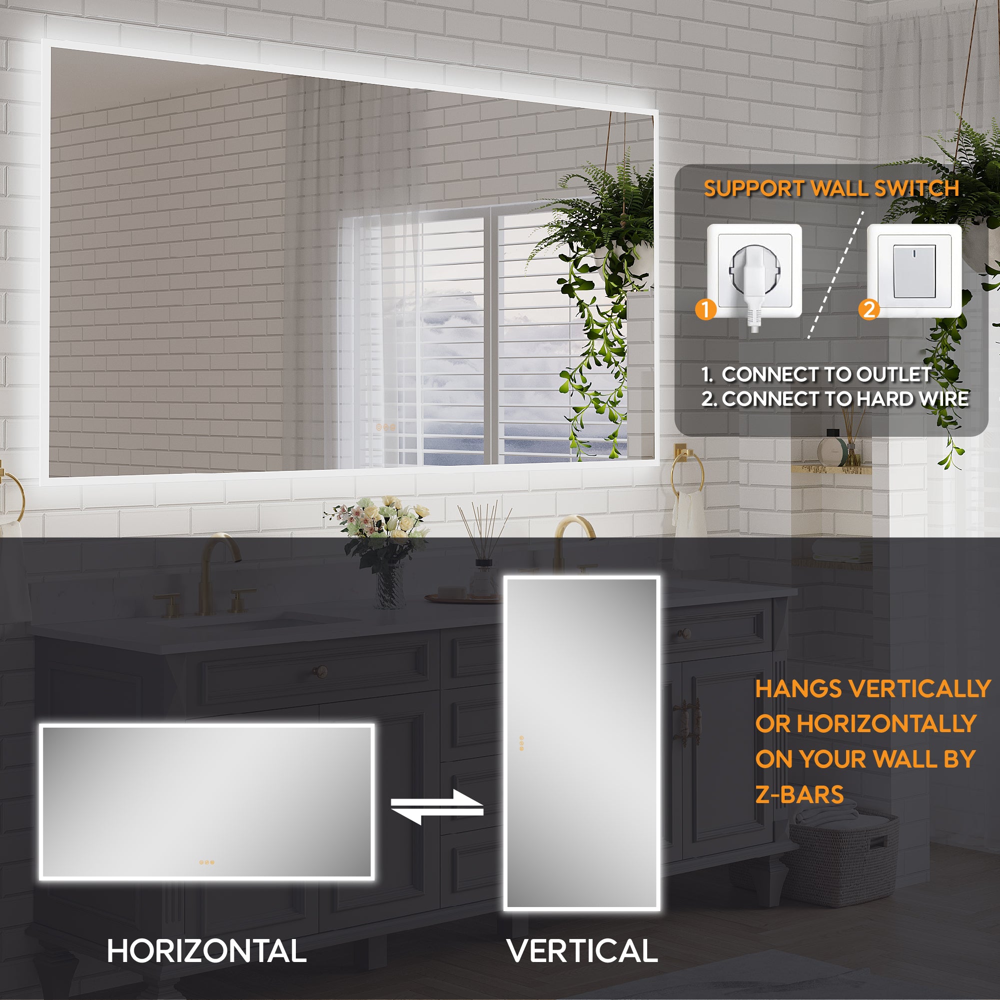 84 in. W x 42 in. H Frameless LED Frontlit & Backlit Bathroom Vanity Mirror, Dimmable & Anti-Fog, Wall Mounted