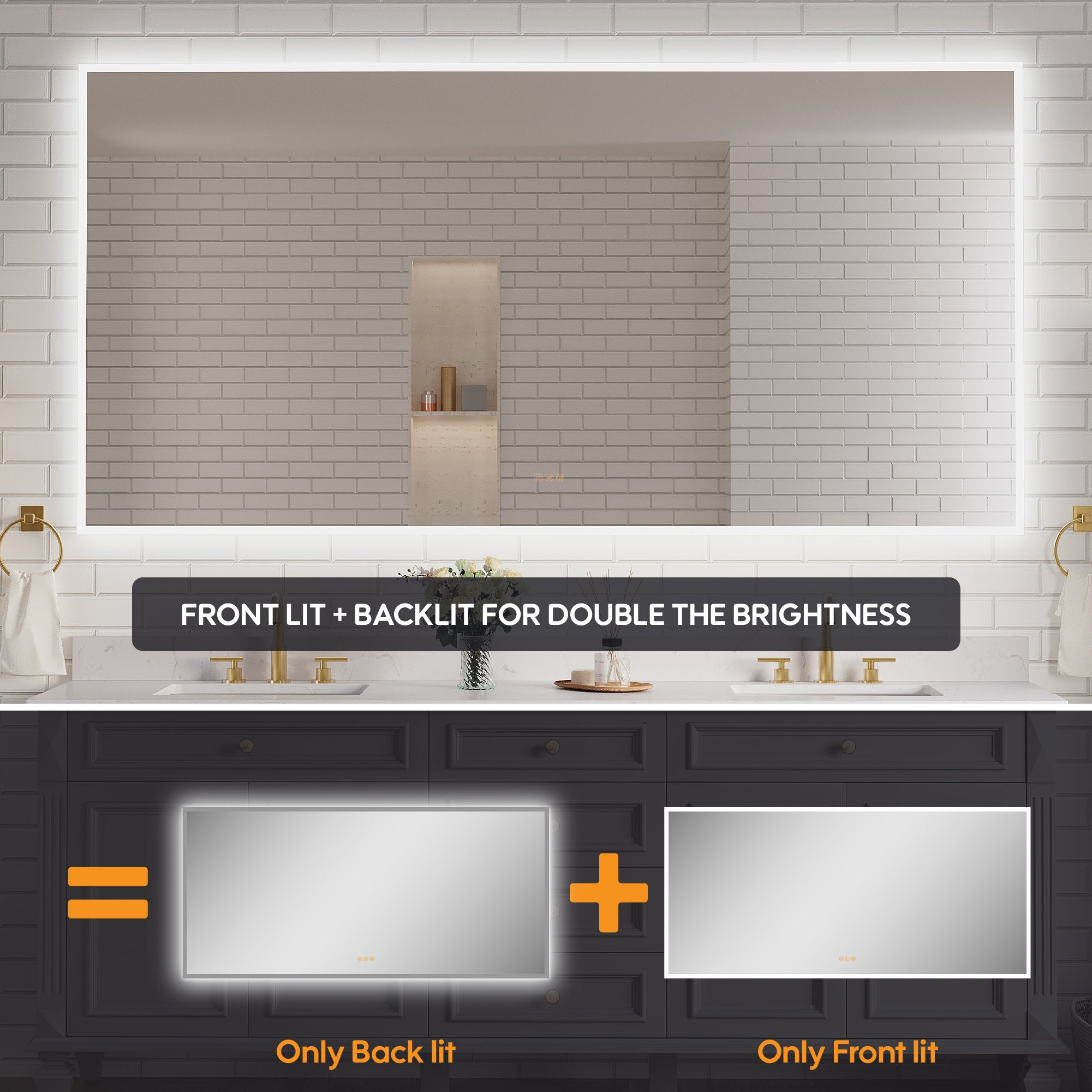 84 in. W x 42 in. H Frameless LED Frontlit & Backlit Bathroom Vanity Mirror, Dimmable & Anti-Fog, Wall Mounted