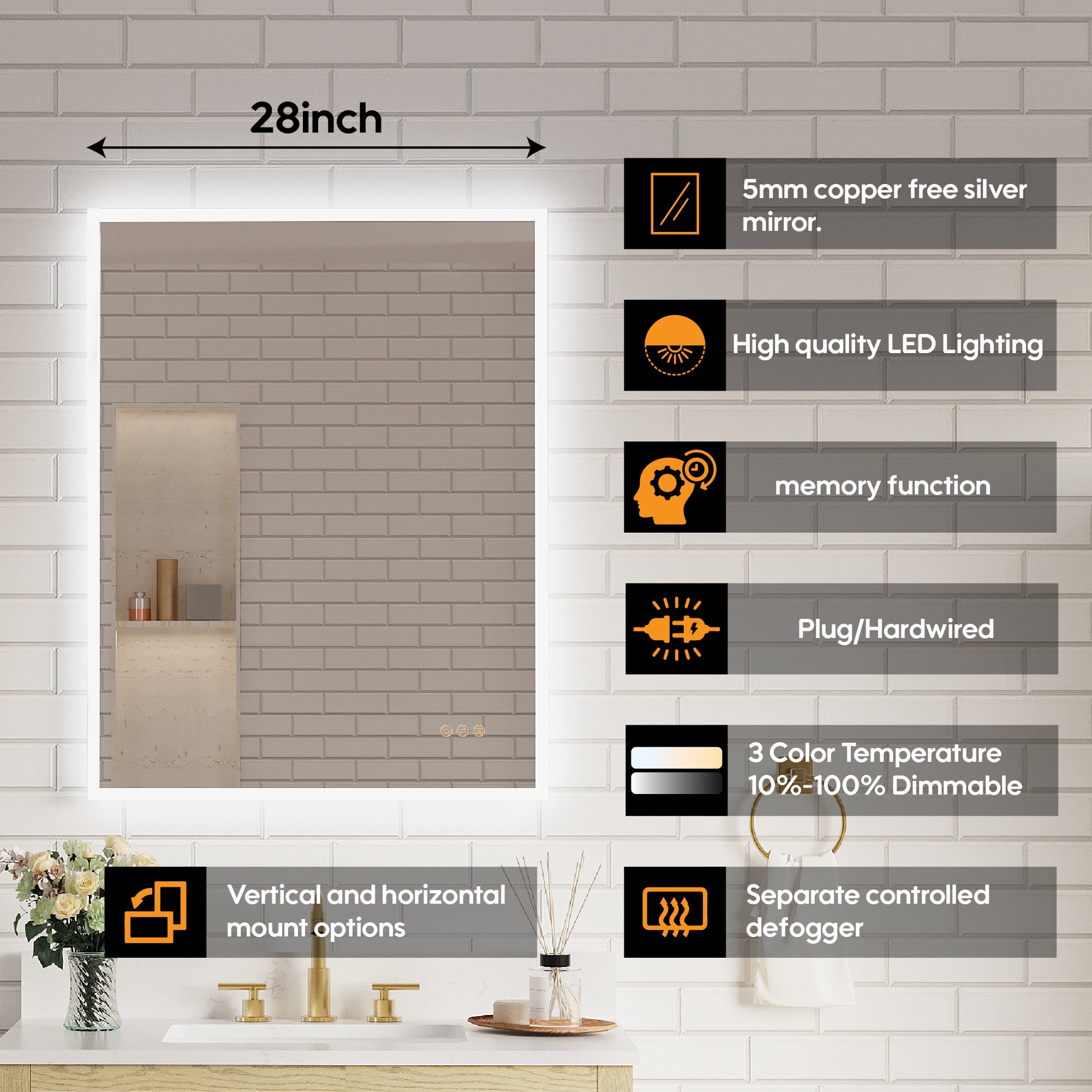 28 in. W x 36 in. H Frameless LED Frontlit & Backlit Bathroom Vanity Mirror, Dimmable & Anti-Fog, Wall Mounted