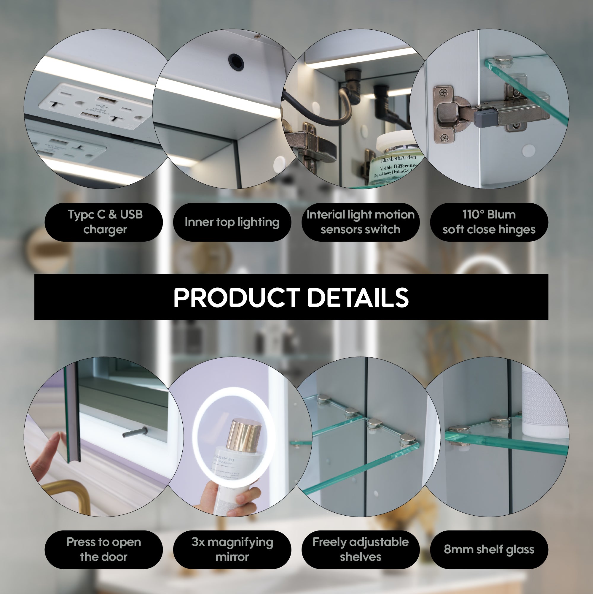 24 x 32 Inch LED Lighted Anti-fog Right Medicine Cabinet with Mirror, 3X Magnifier, Surface or Recess Mount