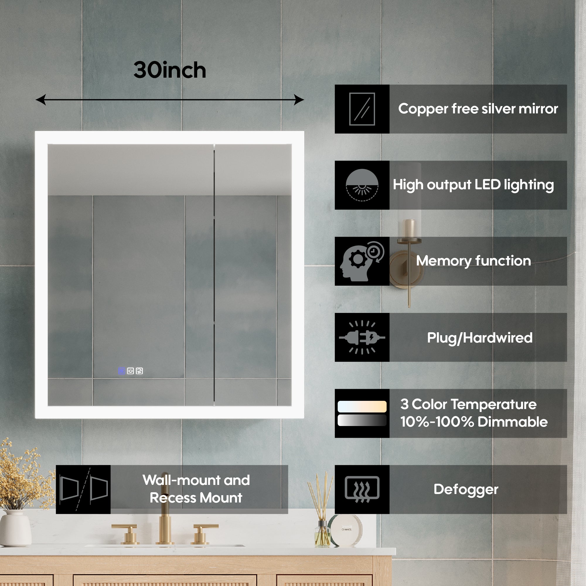 30 x 32 Inch LED Lighted Anti-fog Medicine Cabinet with Mirror, 3X Magnifier, Surface or Recess Mount