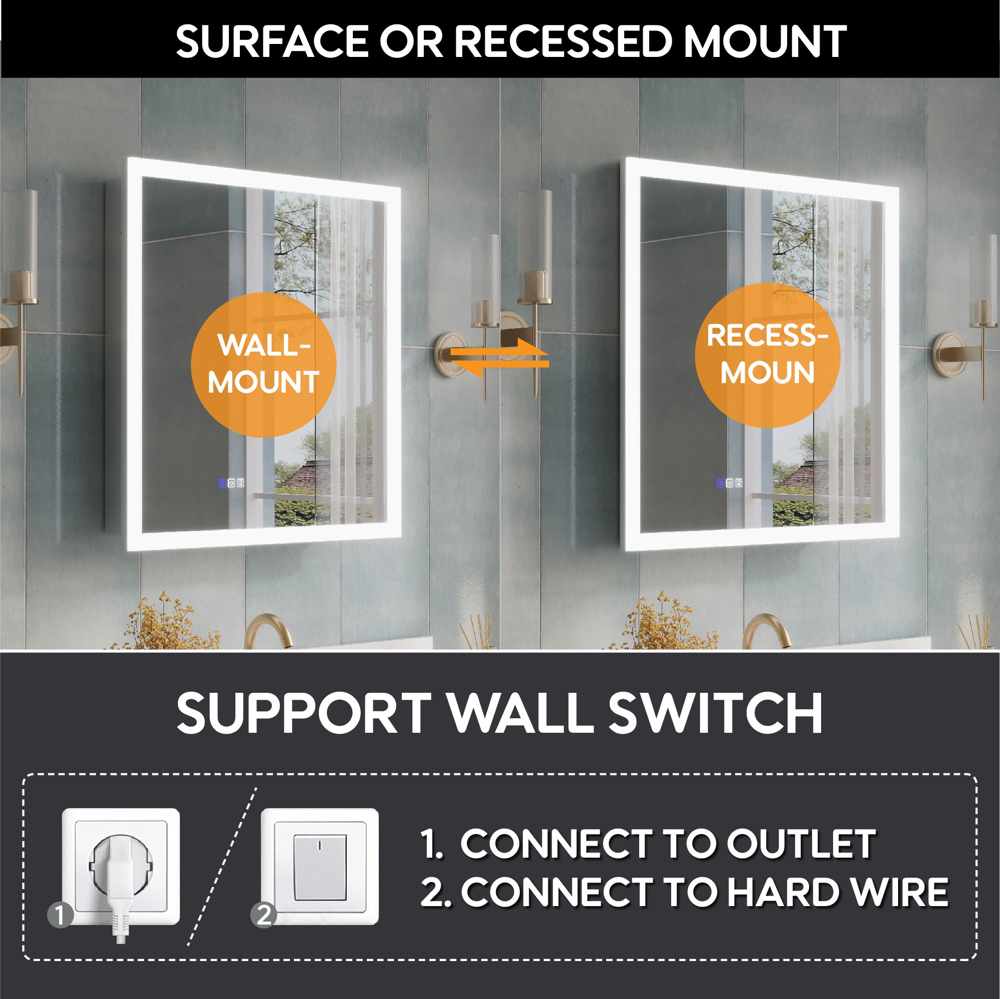 30 x 32 Inch LED Lighted Anti-fog Medicine Cabinet with Mirror, 3X Magnifier, Surface or Recess Mount