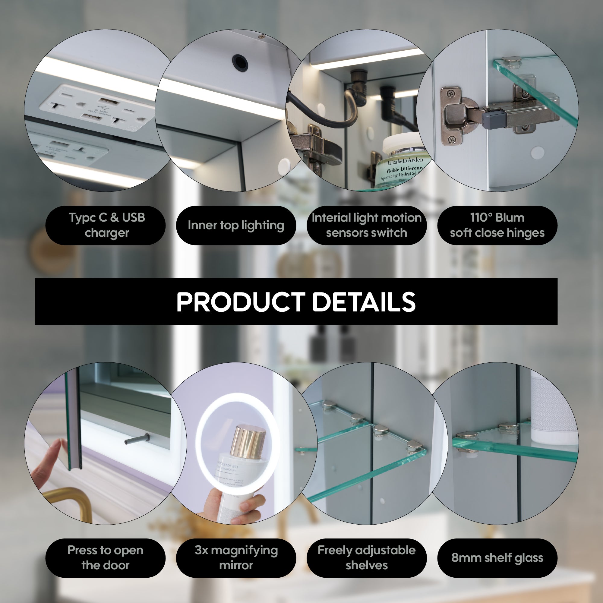 30 x 32 Inch LED Lighted Anti-fog Medicine Cabinet with Mirror, 3X Magnifier, Surface or Recess Mount