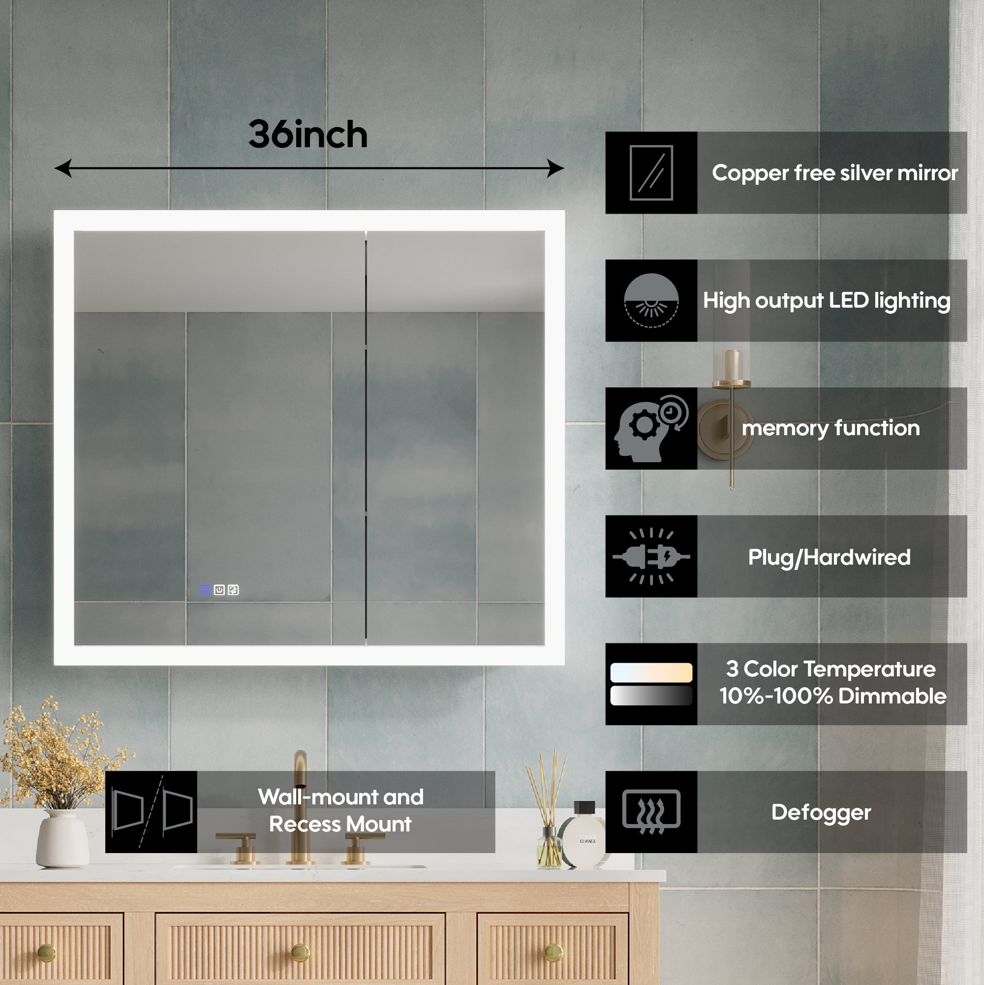36 x 32 Inch LED Lighted Anti-fog Medicine Cabinet with Mirror, 3X Magnifier, Surface or Recess Mount