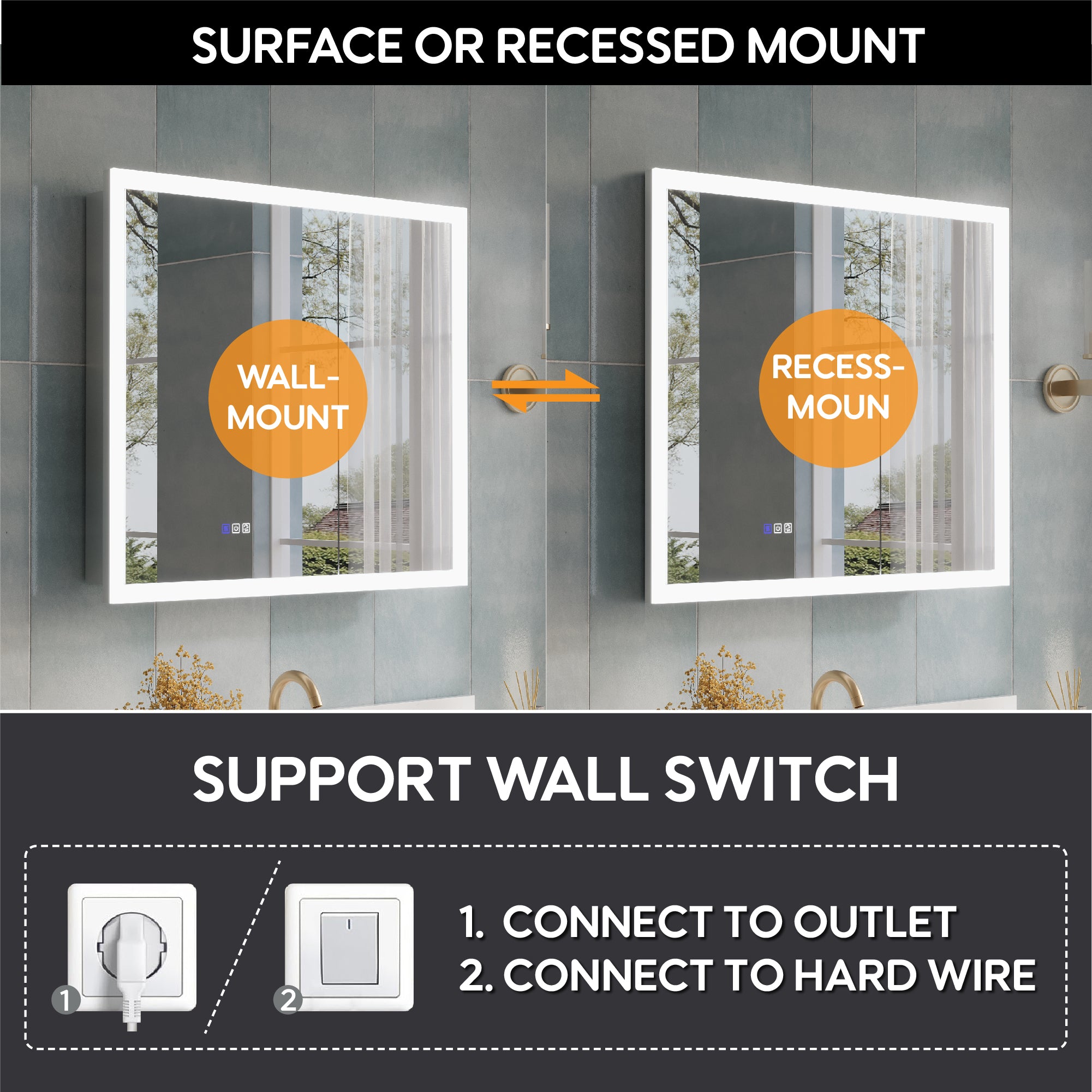 36 x 32 Inch LED Lighted Anti-fog Medicine Cabinet with Mirror, 3X Magnifier, Surface or Recess Mount