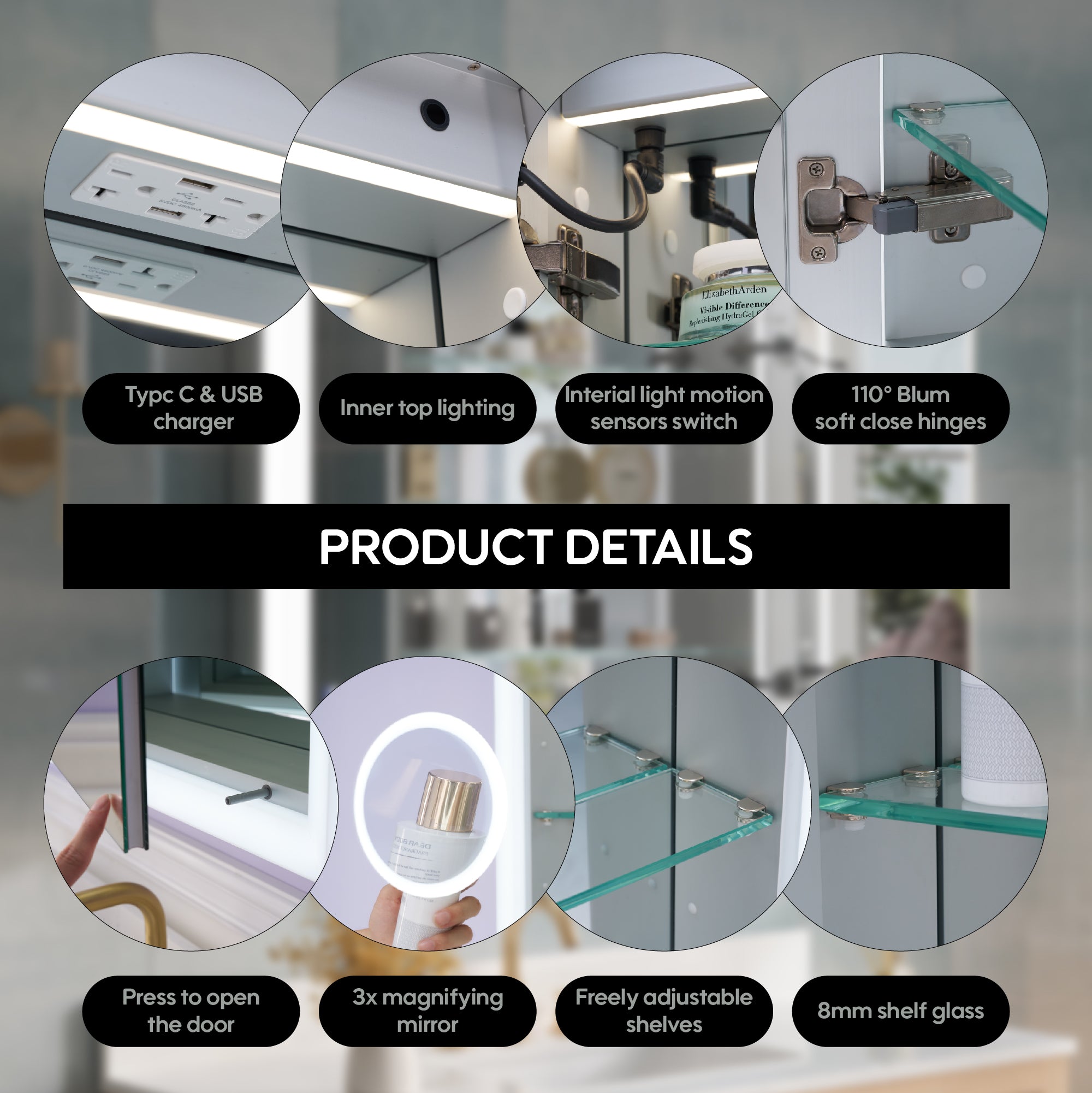 36 x 32 Inch LED Lighted Anti-fog Medicine Cabinet with Mirror, 3X Magnifier, Surface or Recess Mount
