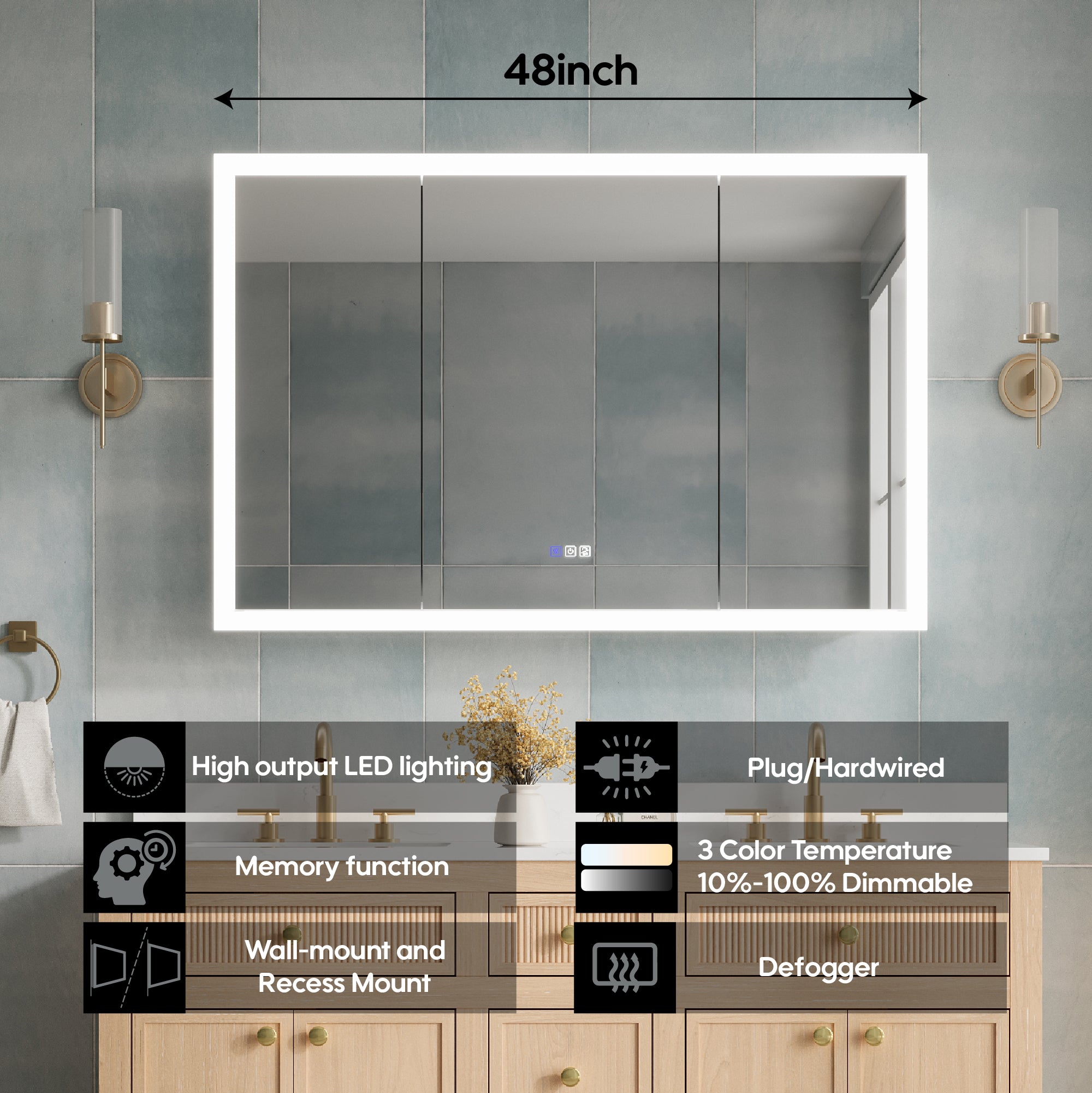 48 x 32 Inch LED Lighted Anti-fog Medicine Cabinet with Mirror, 3X Magnifier, Surface or Recess Mount