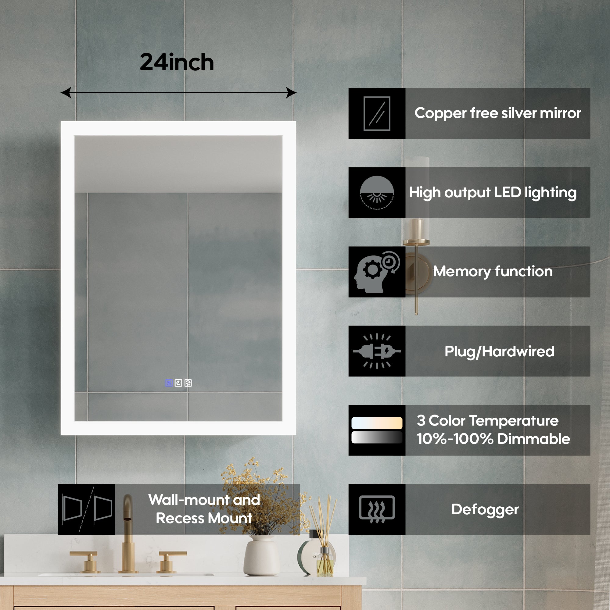 24 x 32 Inch LED Lighted Anti-fog Left Medicine Cabinet with Mirror, 3X Magnifier, Surface or Recess Mount