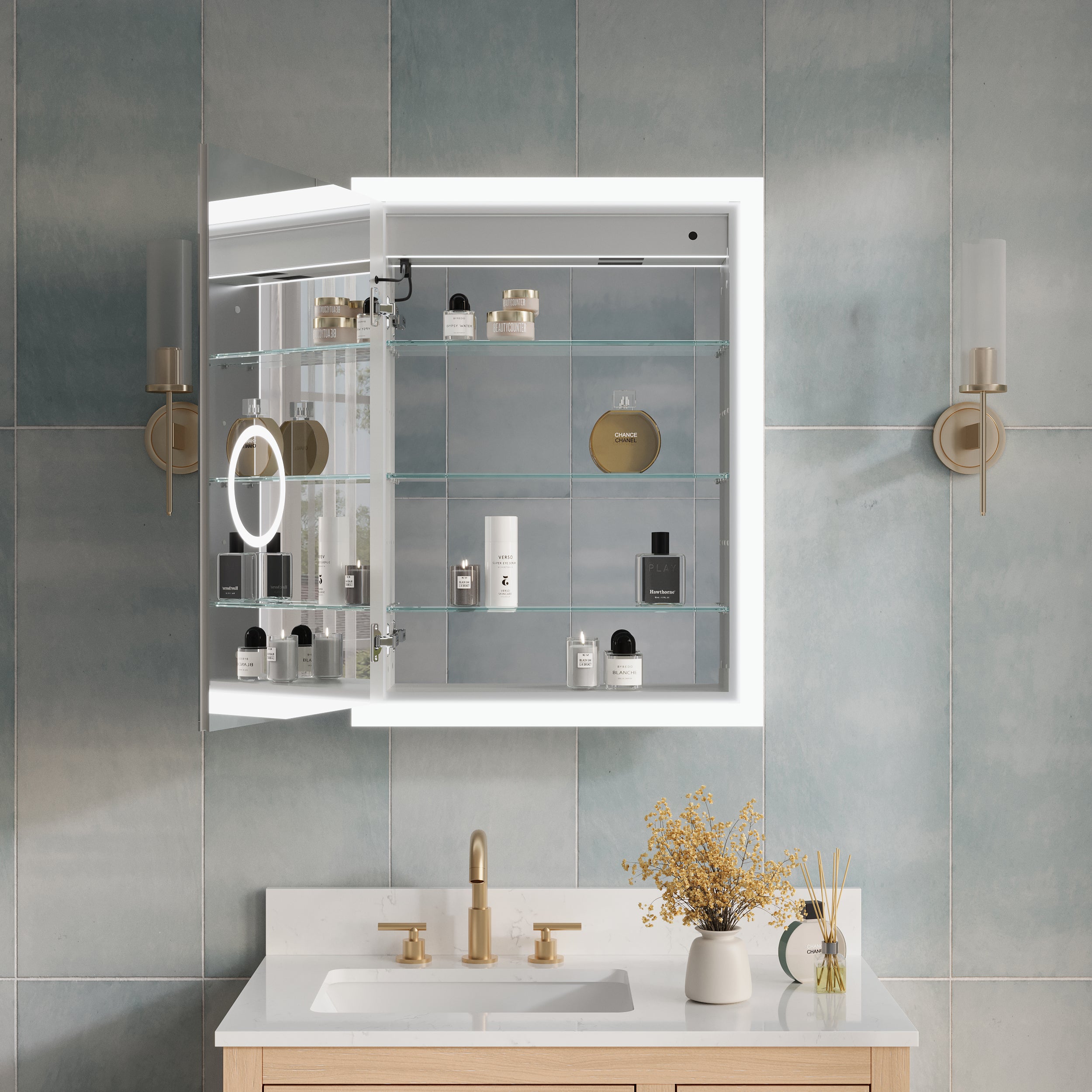 24 x 32 Inch LED Lighted Anti-fog Left Medicine Cabinet with Mirror, 3X Magnifier, Surface or Recess Mount