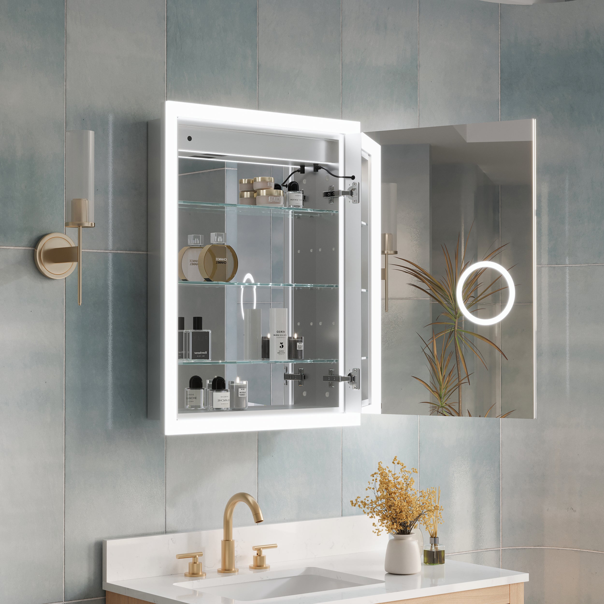 24 x 32 Inch LED Lighted Anti-fog Right Medicine Cabinet with Mirror, 3X Magnifier, Surface or Recess Mount