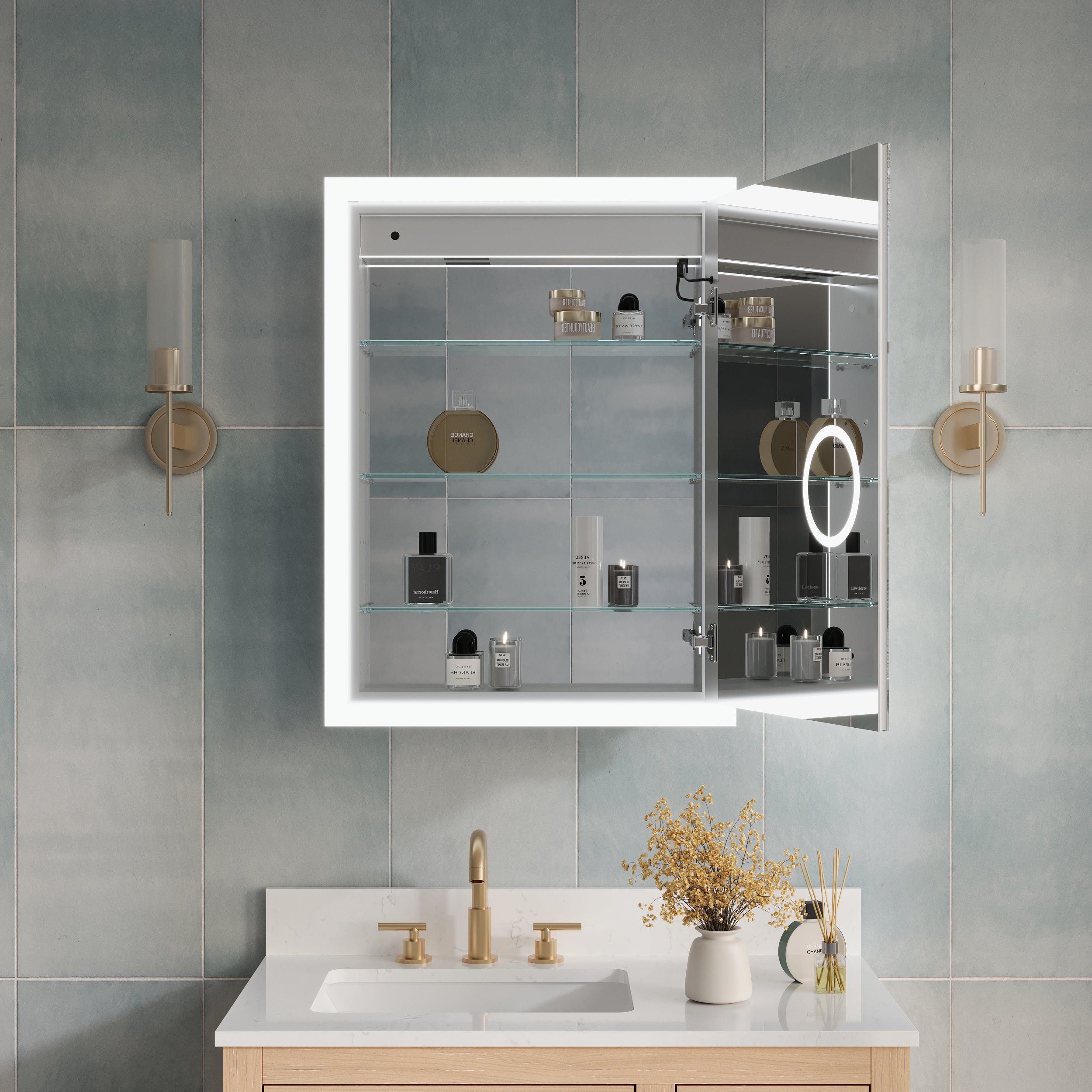 24 x 32 Inch LED Lighted Anti-fog Right Medicine Cabinet with Mirror, 3X Magnifier, Surface or Recess Mount