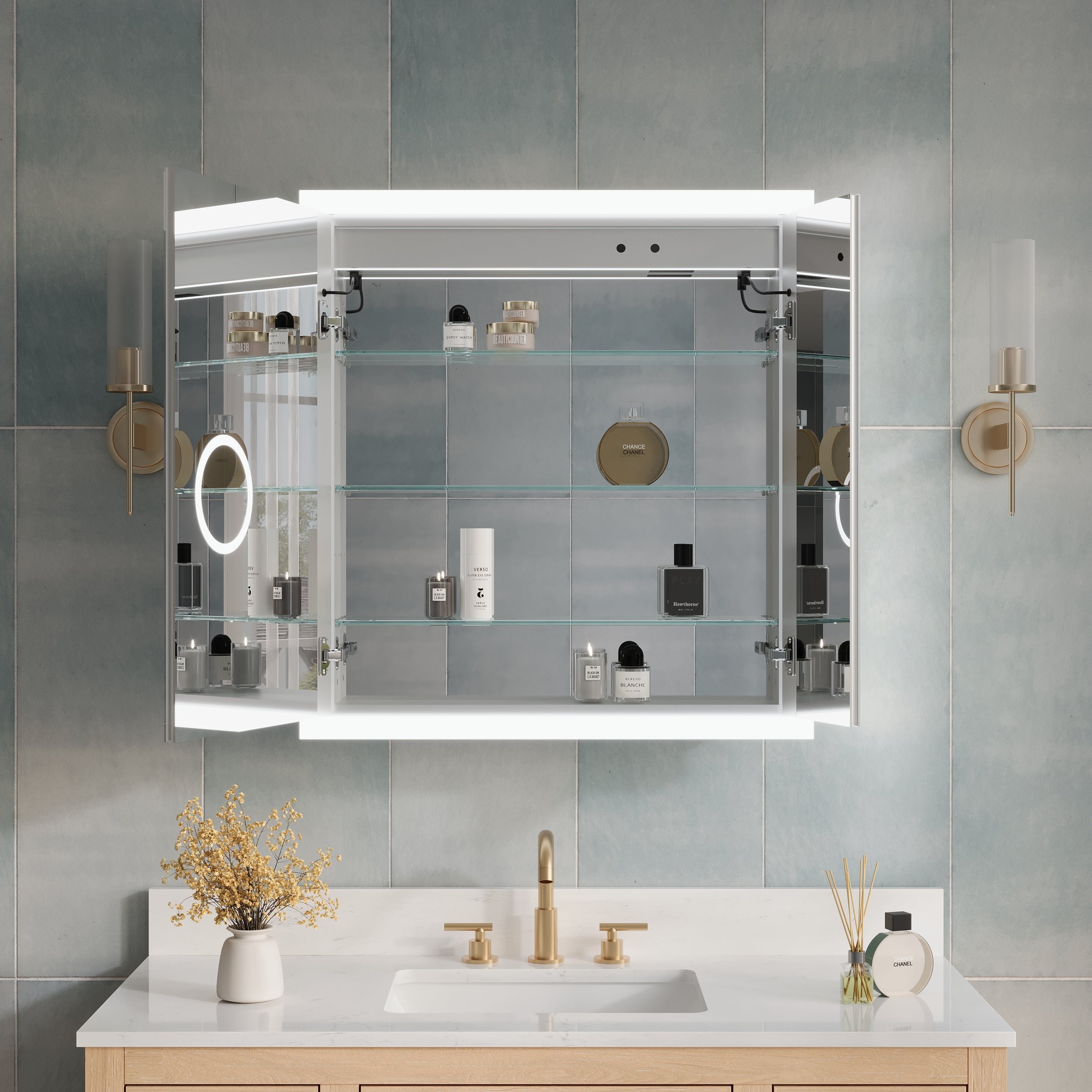 30 x 32 Inch LED Lighted Anti-fog Medicine Cabinet with Mirror, 3X Magnifier, Surface or Recess Mount