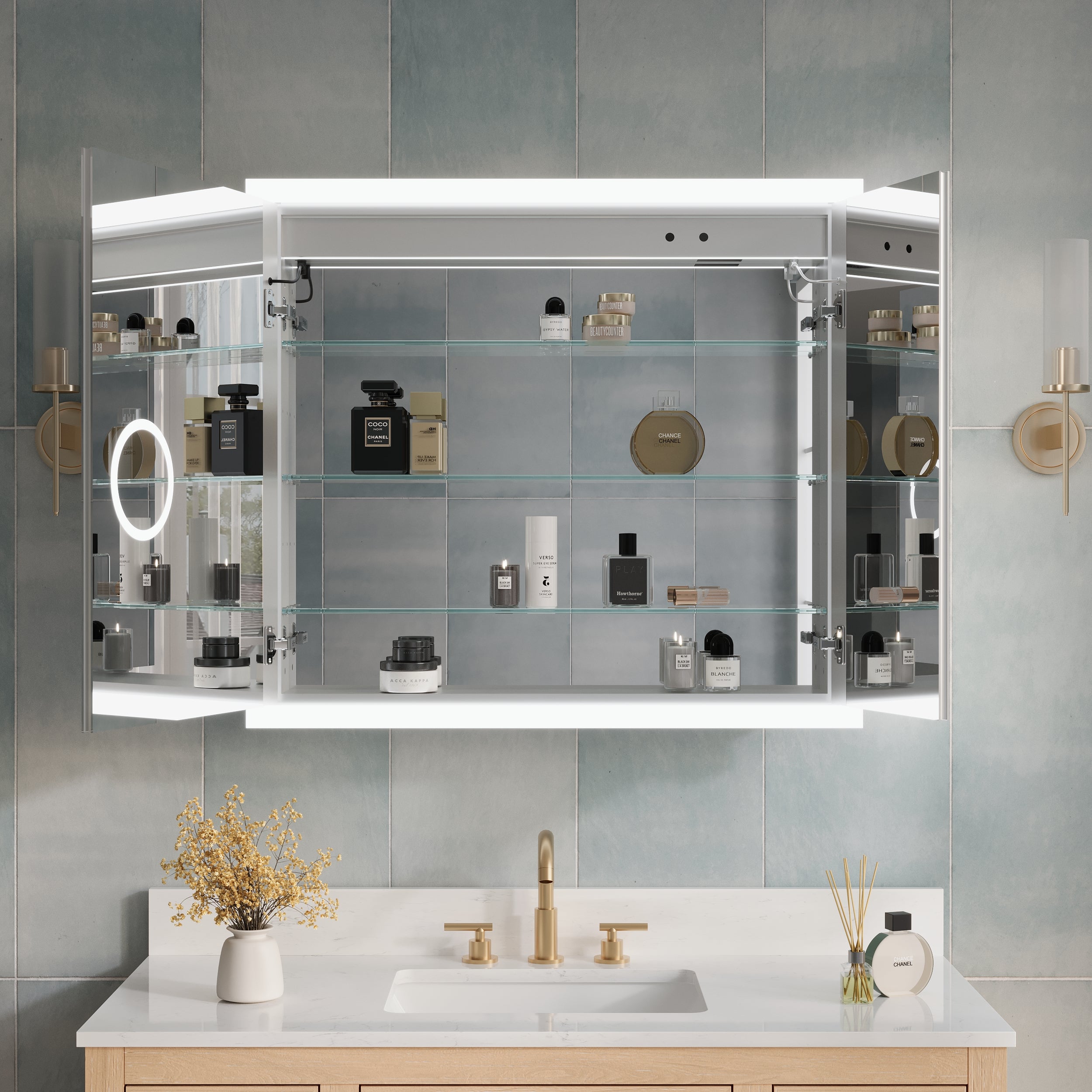 36 x 32 Inch LED Lighted Anti-fog Medicine Cabinet with Mirror, 3X Magnifier, Surface or Recess Mount