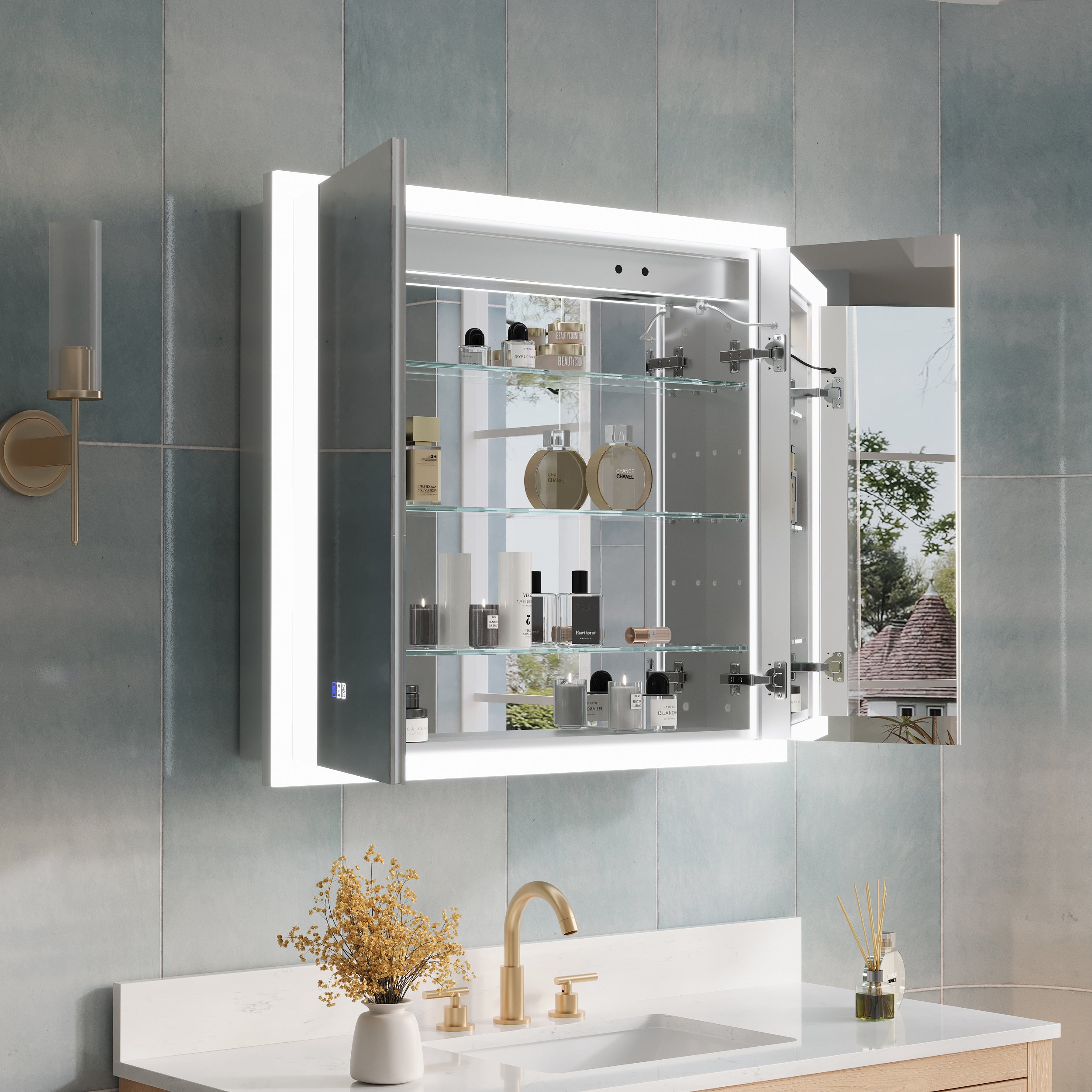 36 x 32 Inch LED Lighted Anti-fog Medicine Cabinet with Mirror, 3X Magnifier, Surface or Recess Mount