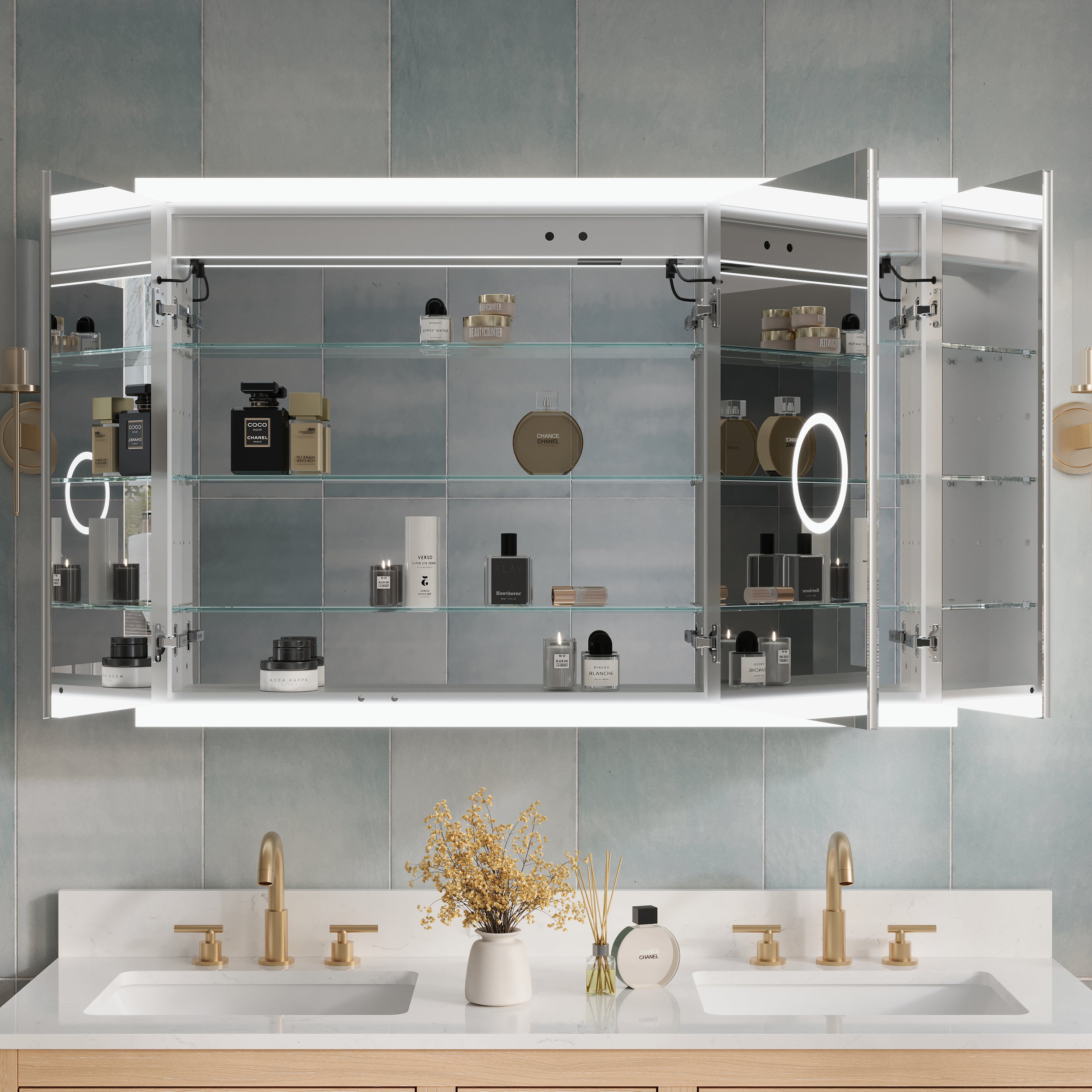 48 x 32 Inch LED Lighted Anti-fog Medicine Cabinet with Mirror, 3X Magnifier, Surface or Recess Mount