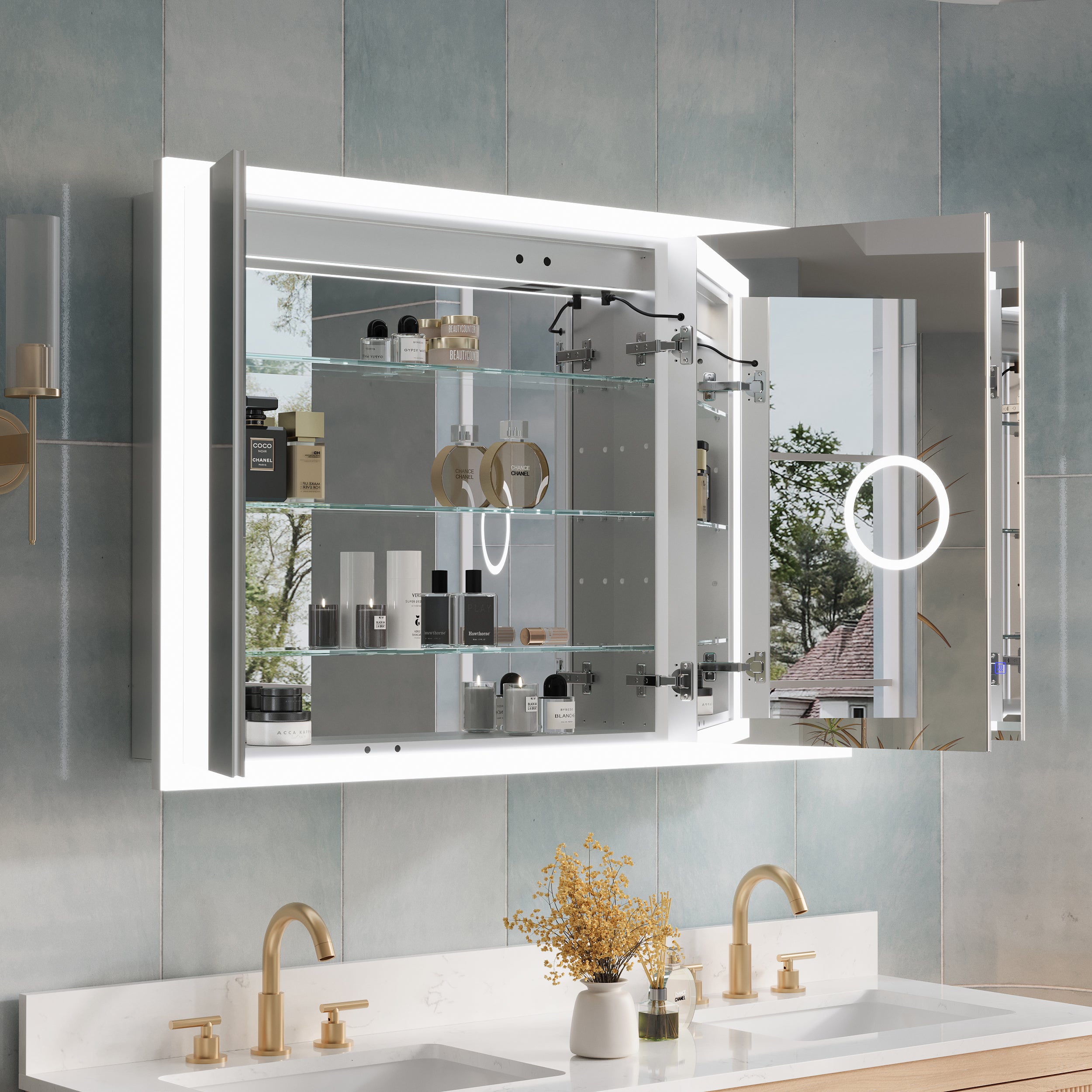 48 x 32 Inch LED Lighted Anti-fog Medicine Cabinet with Mirror, 3X Magnifier, Surface or Recess Mount