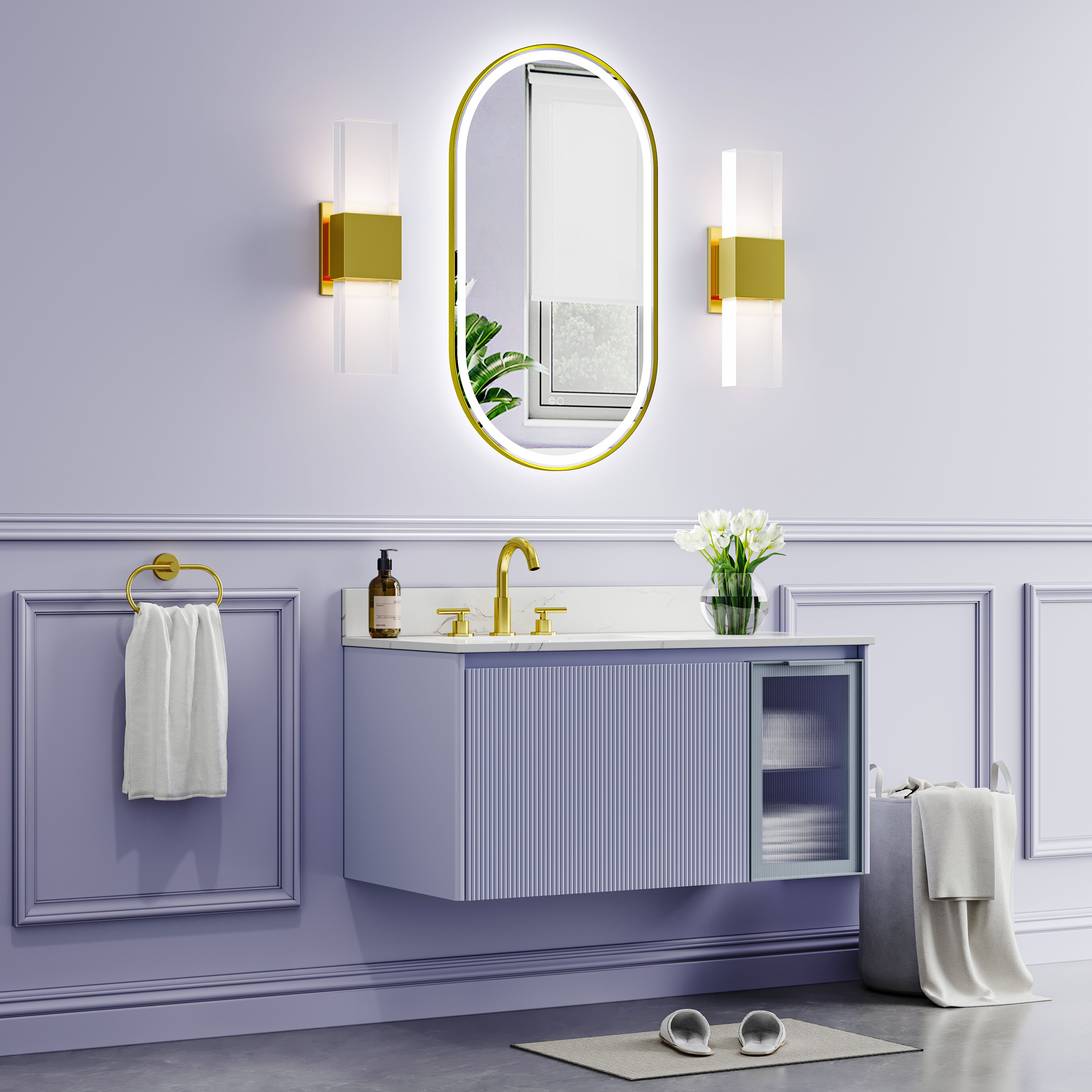 20 in. W x 36 in. H Oval Framed LED Wall-Mounted Bathroom Vanity Mirror in Brushed Gold