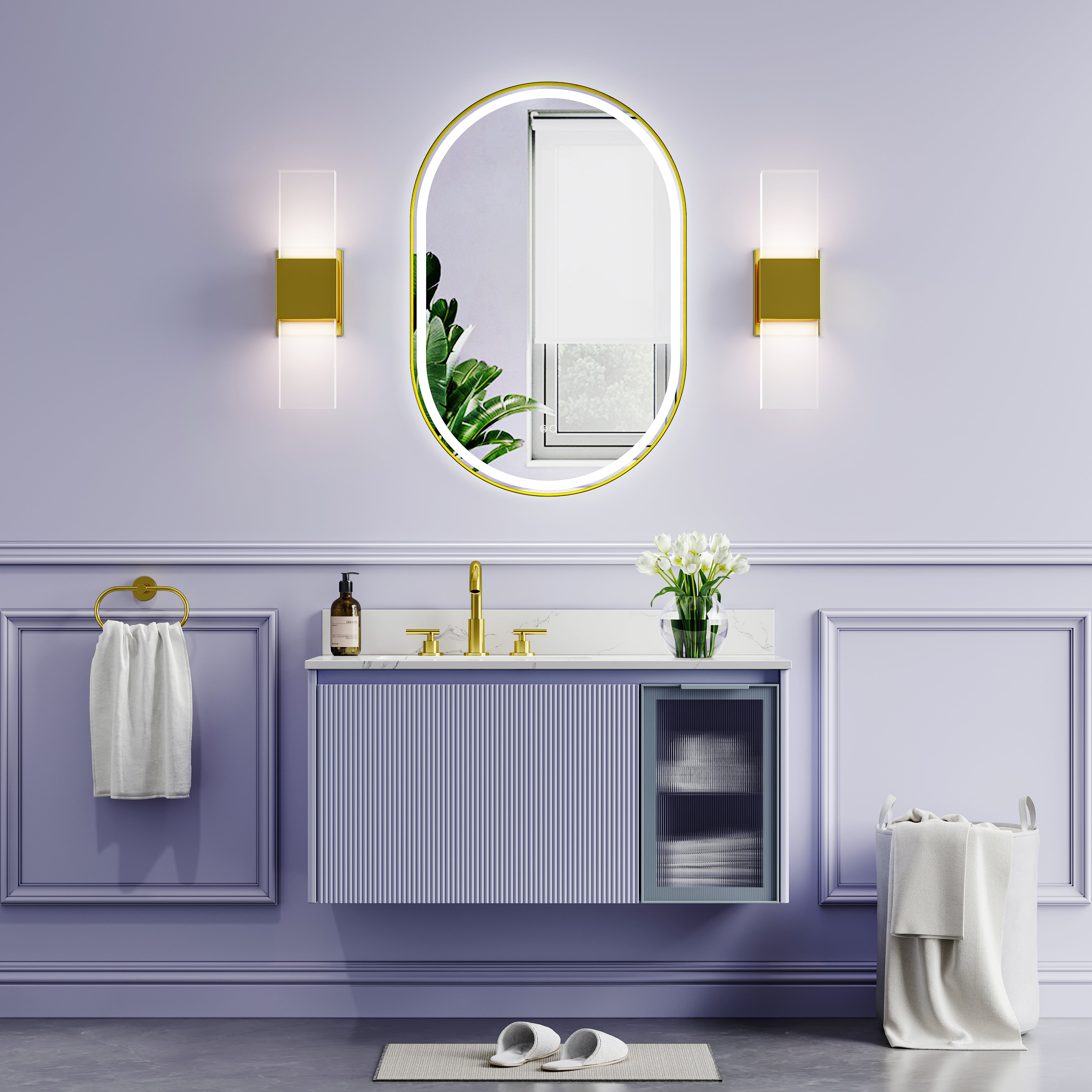 24 in. W x 36 in. H Oval Framed LED Wall-Mounted Bathroom Vanity Mirror Brushed Gold