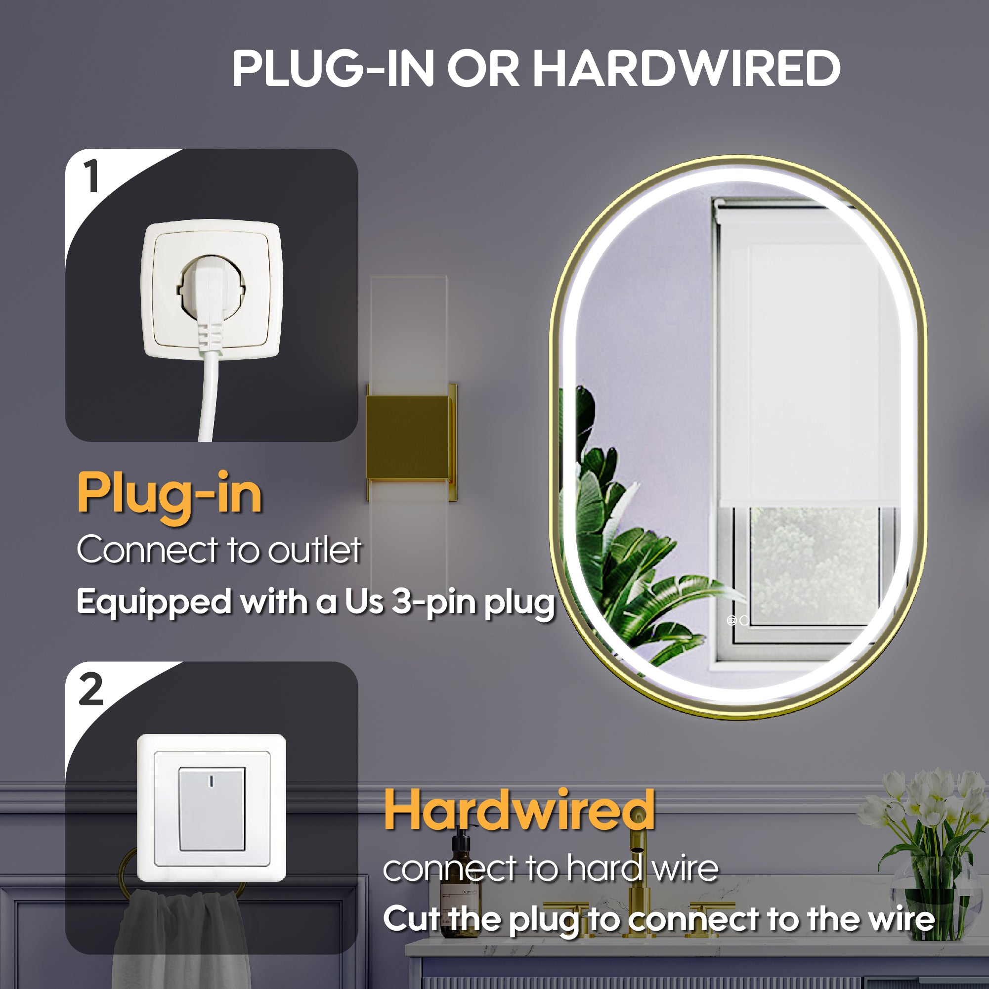 24 in. W x 36 in. H Oval Framed LED Wall-Mounted Bathroom Vanity Mirror Brushed Gold