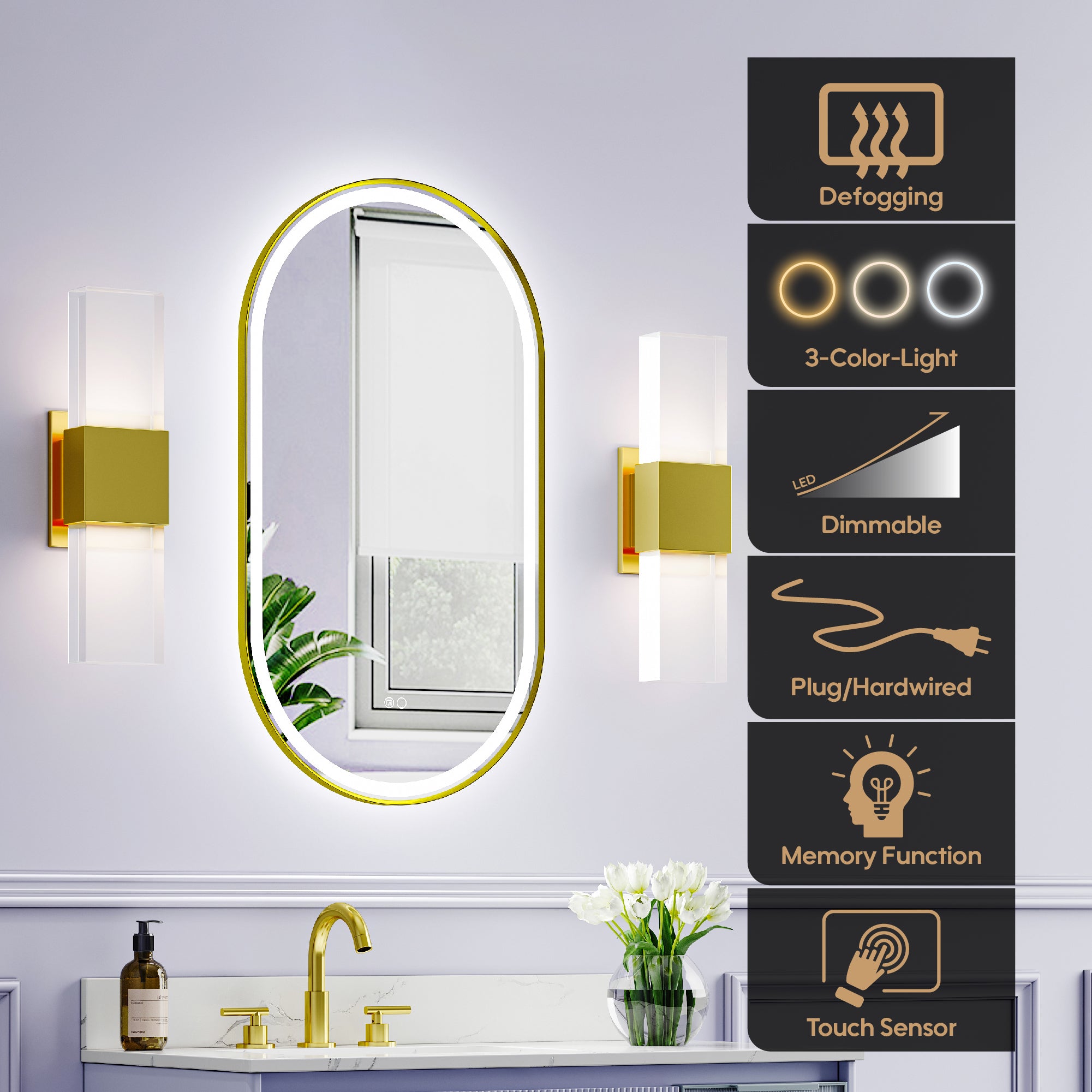 20 in. W x 36 in. H Oval Framed LED Wall-Mounted Bathroom Vanity Mirror in Brushed Gold