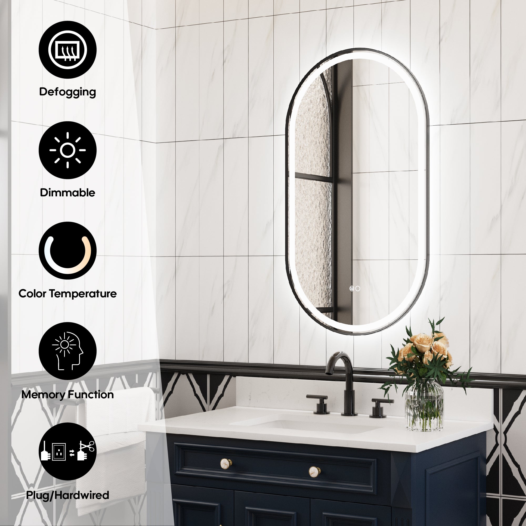 20 in. W x 36 in. H Oval Framed LED Wall-Mounted Bathroom Vanity Mirror in Matte Black