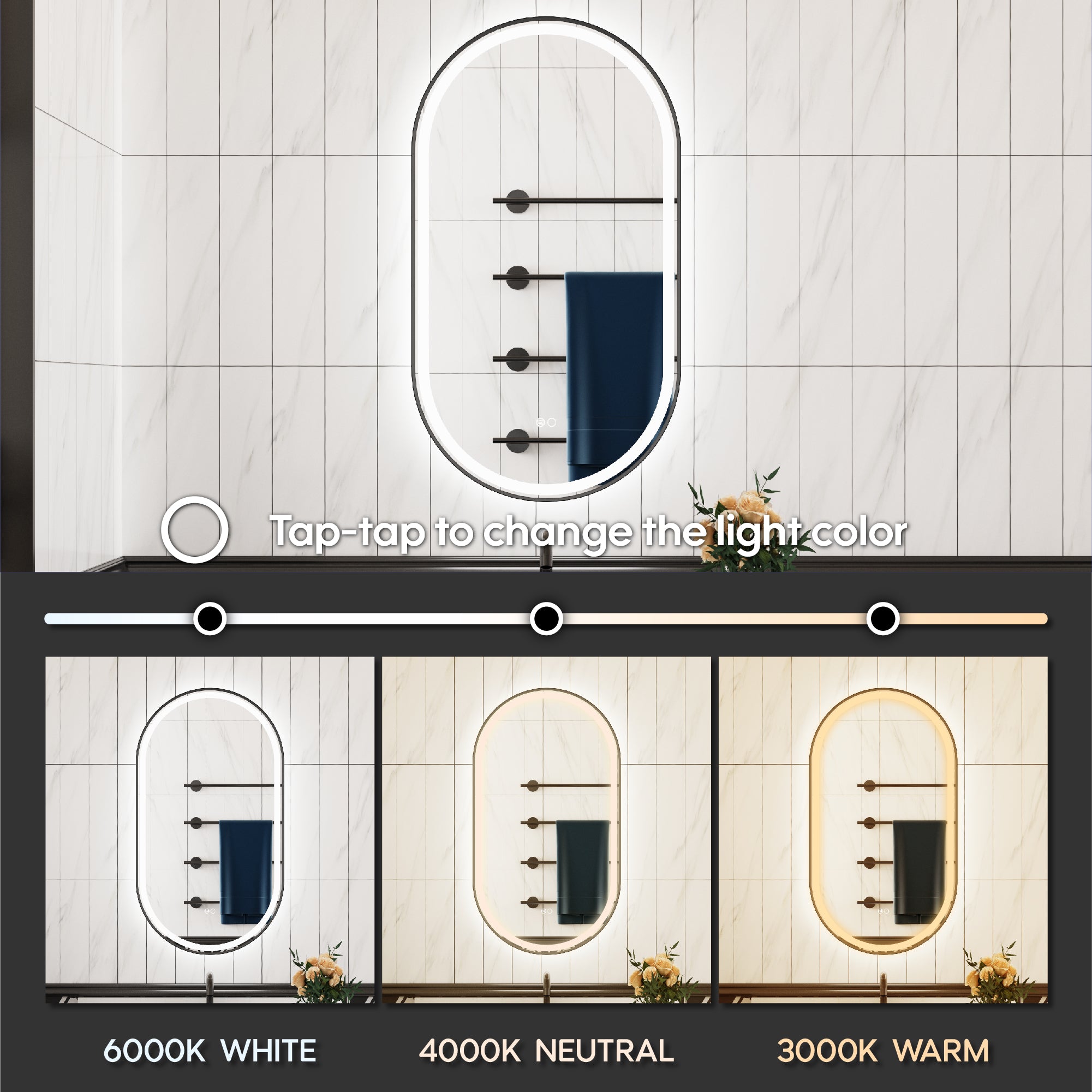 20 in. W x 36 in. H Oval Framed LED Wall-Mounted Bathroom Vanity Mirror in Matte Black