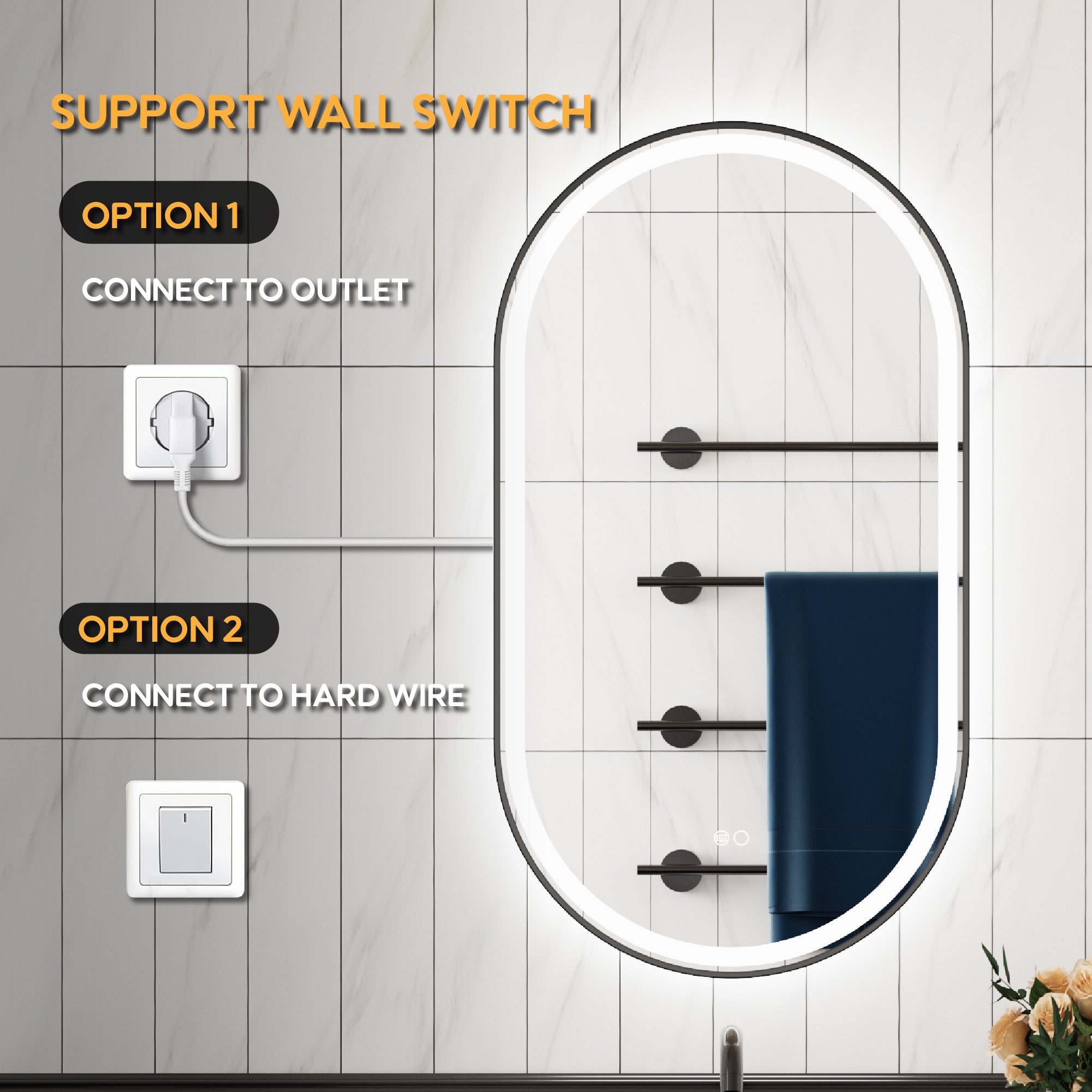 20 in. W x 36 in. H Oval Framed LED Wall-Mounted Bathroom Vanity Mirror in Matte Black