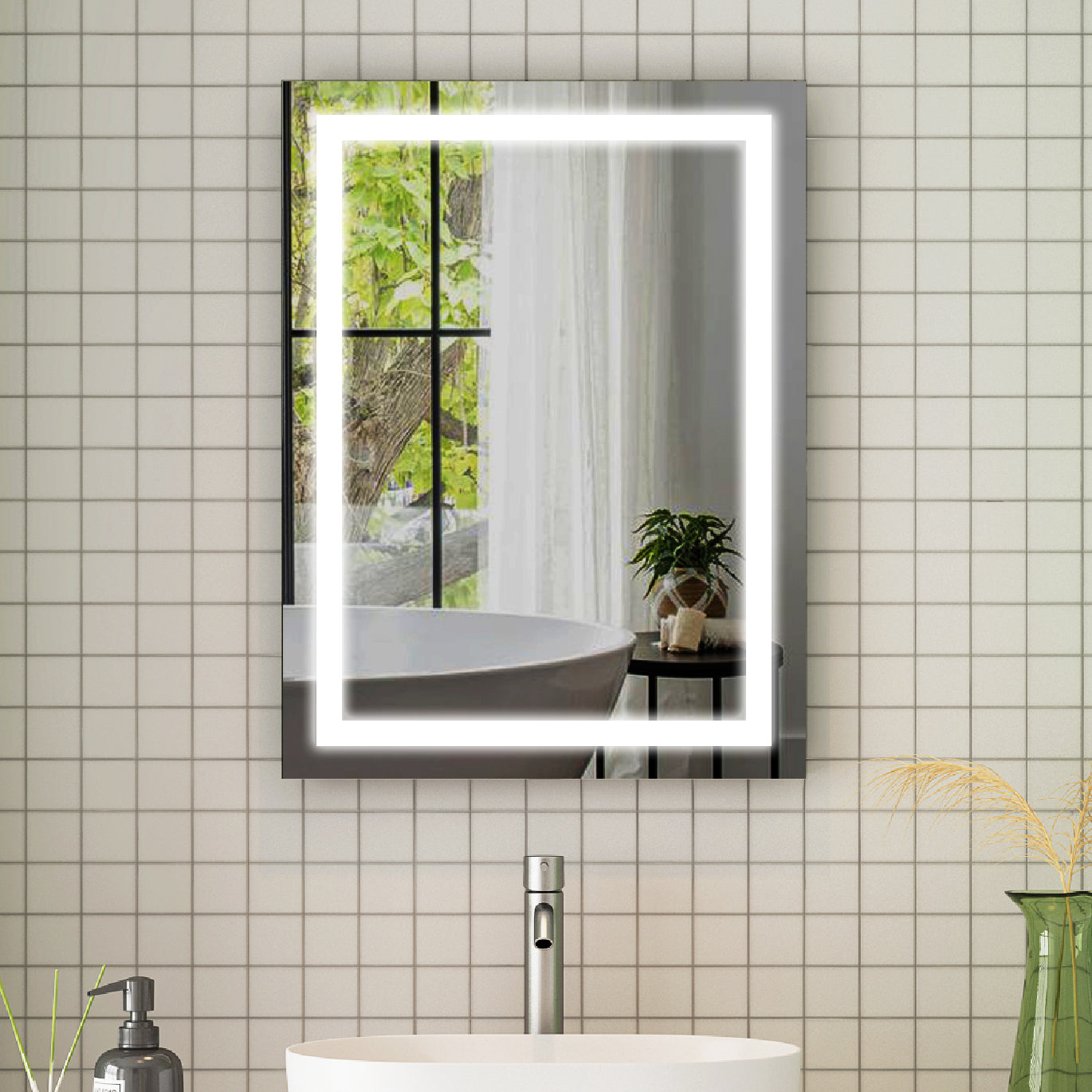 24 in. W x 32 in. H Rectangular Frameless Anti-Fog Vanity Mirror with Lights in Aluminum