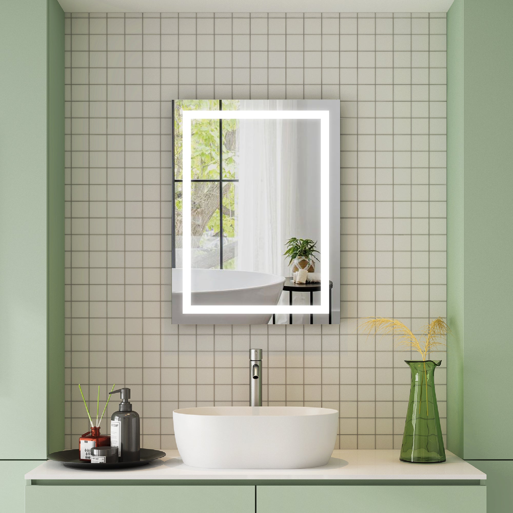 24 in. W x 32 in. H Rectangular Frameless Anti-Fog Vanity Mirror with Lights in Aluminum