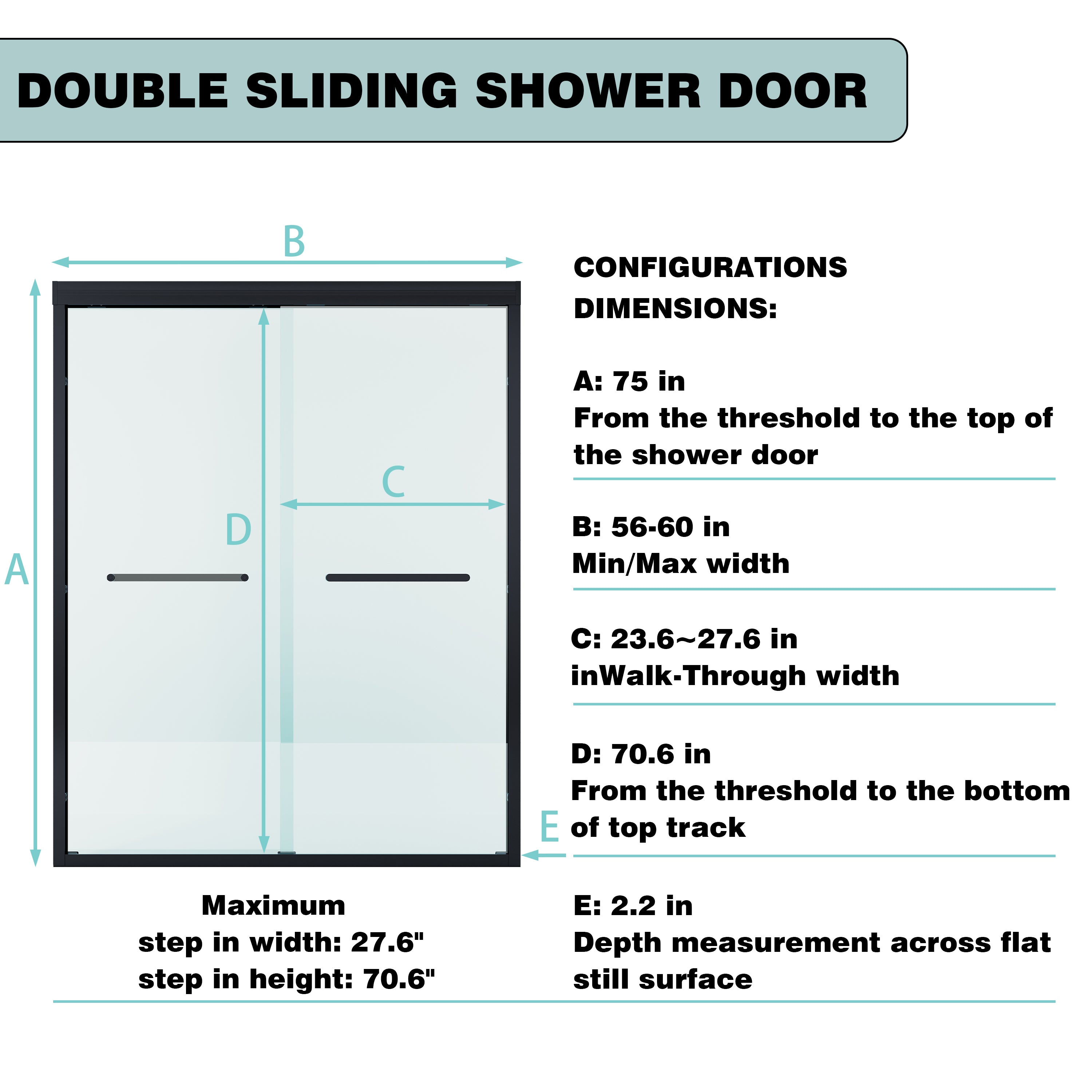 56–60 Inch Double Sliding Shower Door with Matte Black Aluminum Alloy Frame and 1/4" Tempered Clear Glass