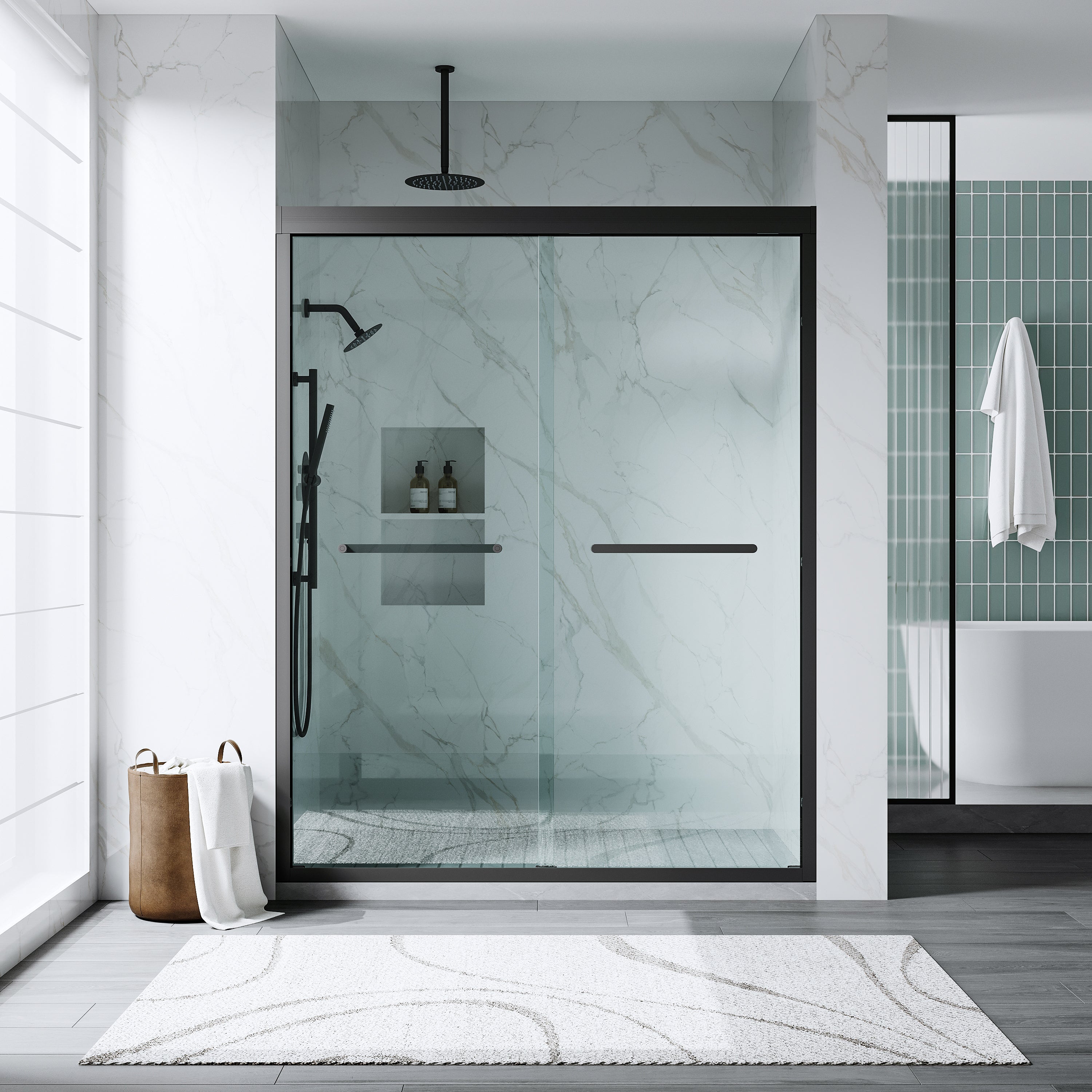 56–60 Inch Double Sliding Shower Door with Matte Black Aluminum Alloy Frame and 1/4" Tempered Clear Glass