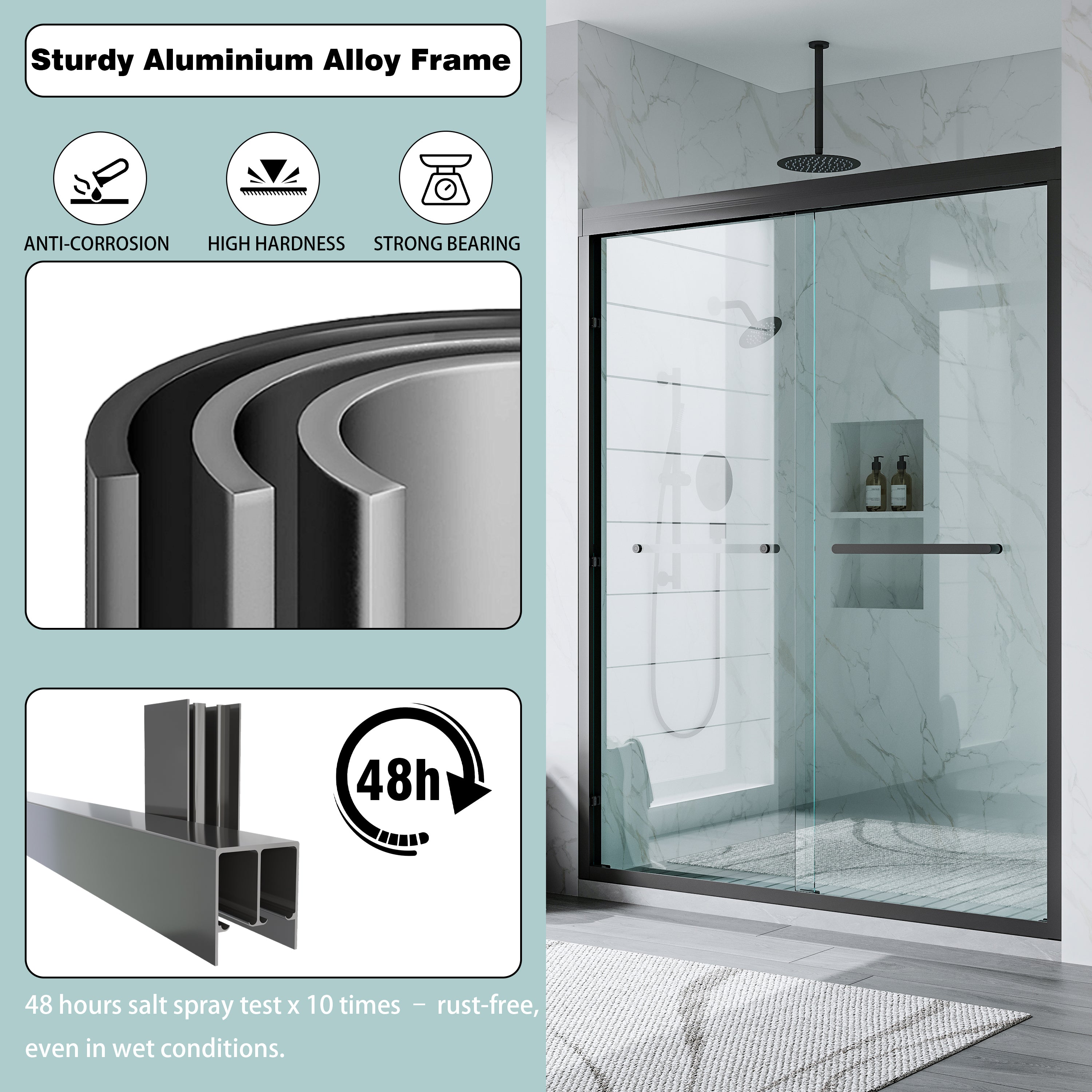 56–60 Inch Double Sliding Shower Door with Matte Black Aluminum Alloy Frame and 1/4" Tempered Clear Glass