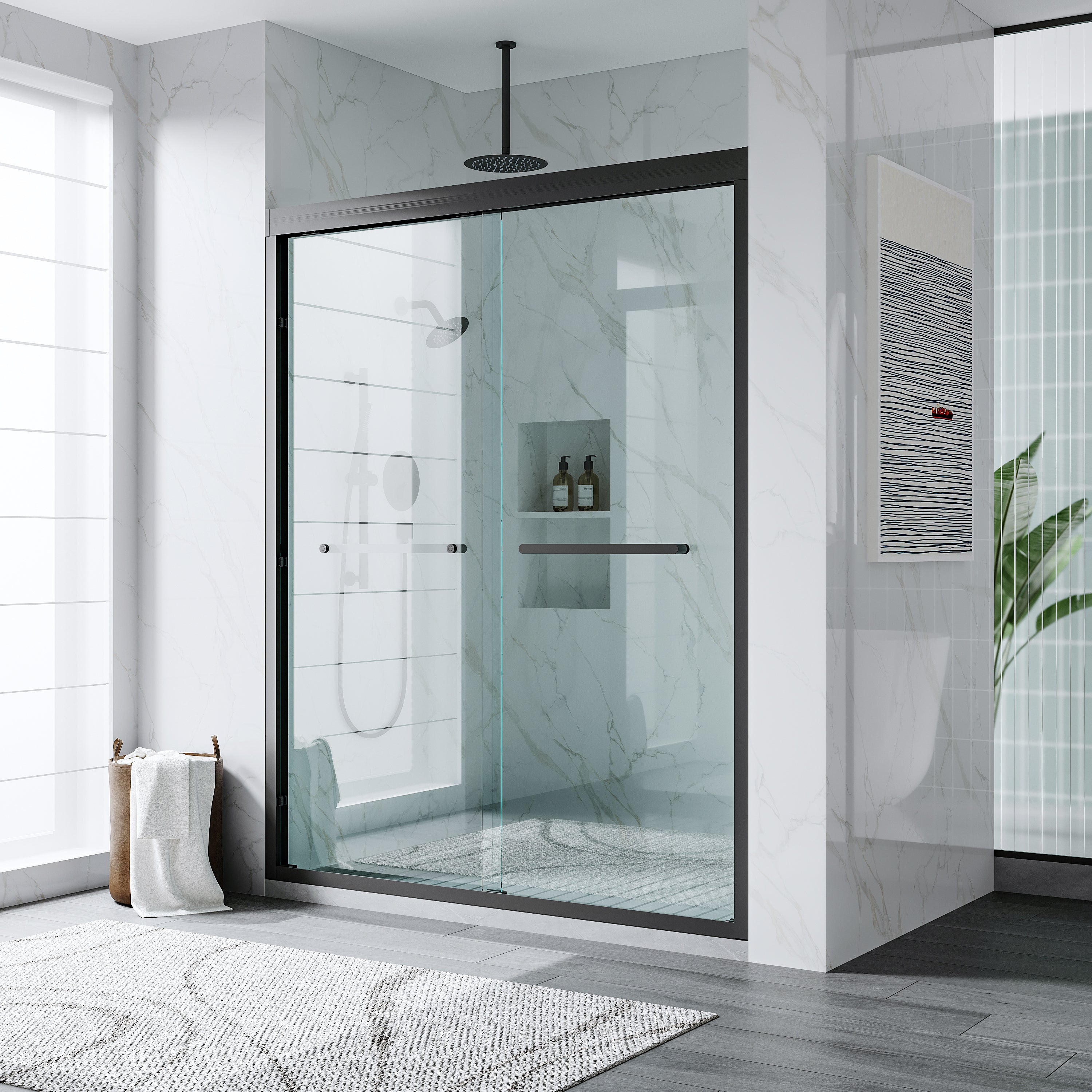 56–60 Inch Double Sliding Shower Door with Matte Black Aluminum Alloy Frame and 1/4" Tempered Clear Glass