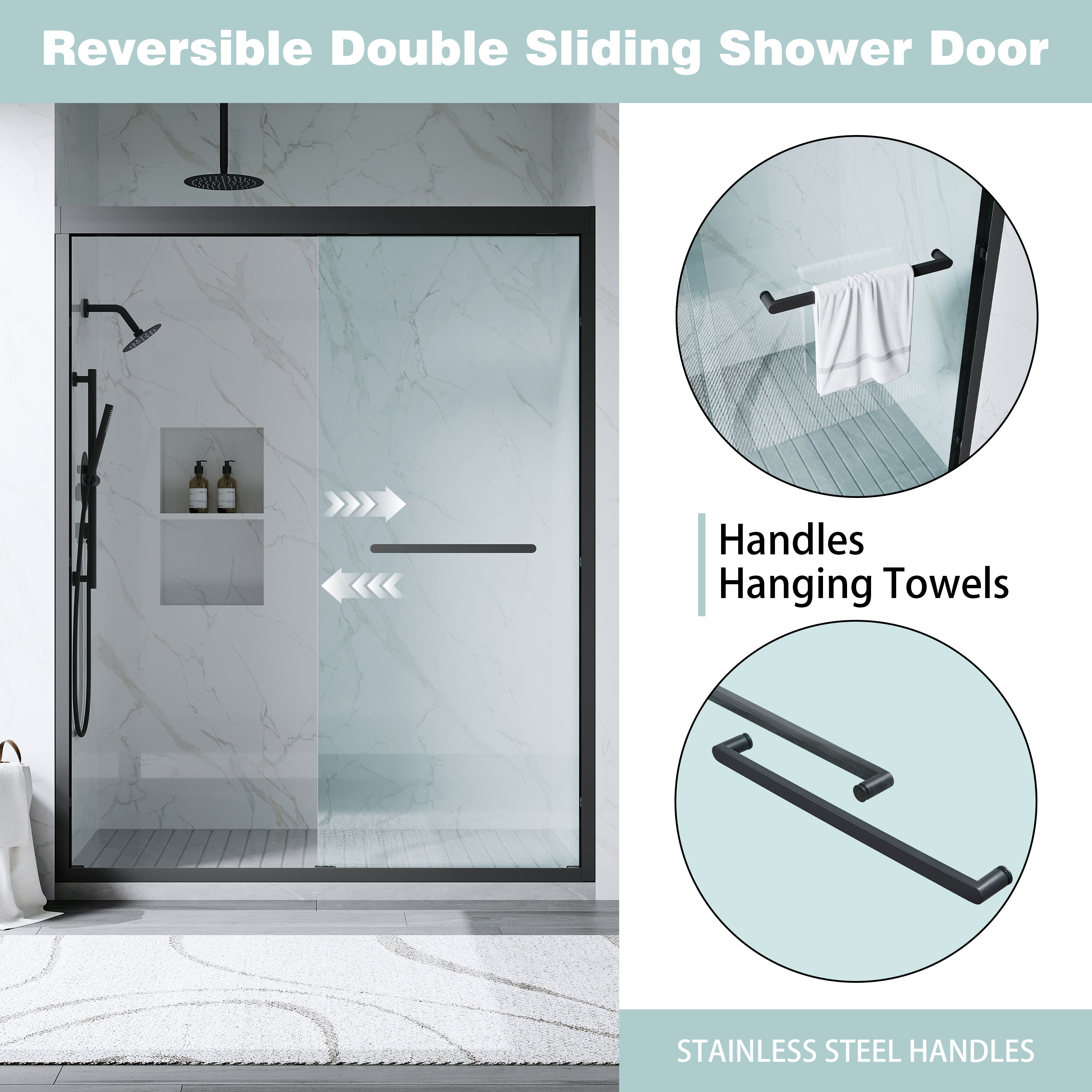 56–60 Inch Double Sliding Shower Door with Matte Black Aluminum Alloy Frame and 1/4" Tempered Clear Glass