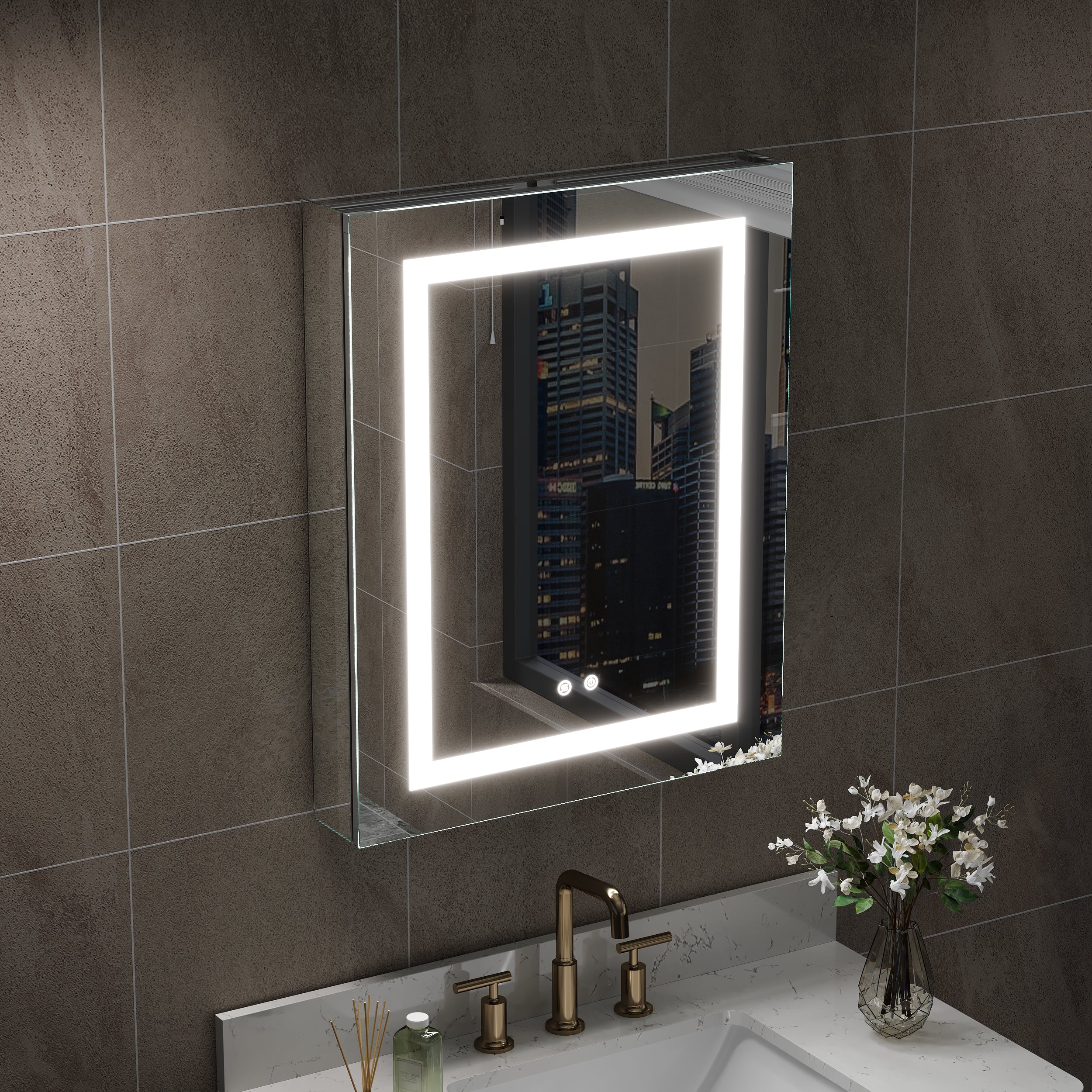 24 in. x 30 in. LED Lighted Surface/Recessed Mount Silver Mirrored Medicine Cabinet with Anti-Fog, Dimmable, Outlet left Side