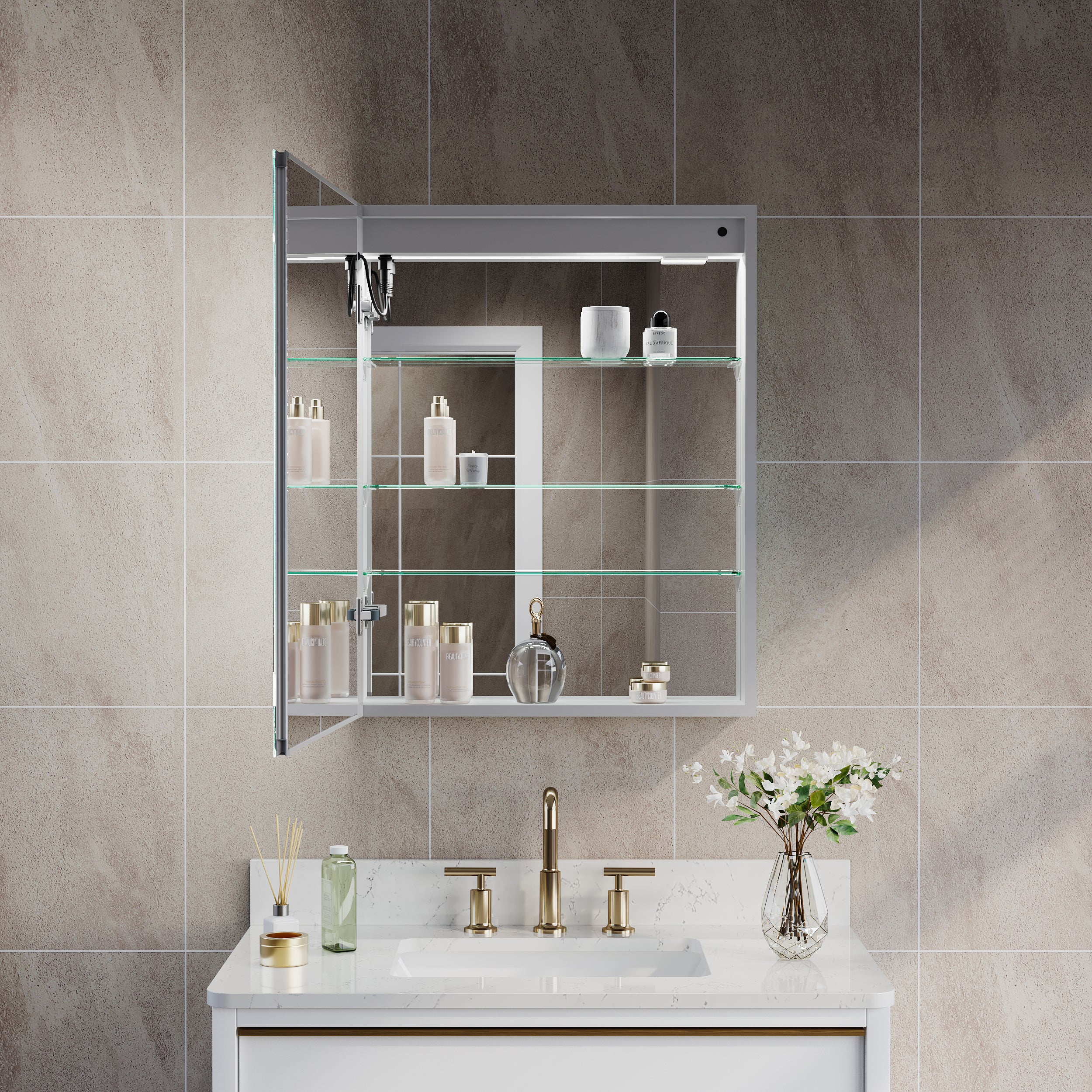 24 in. x 30 in. LED Lighted Surface/Recessed Mount Silver Mirrored Medicine Cabinet with Outlet left Side