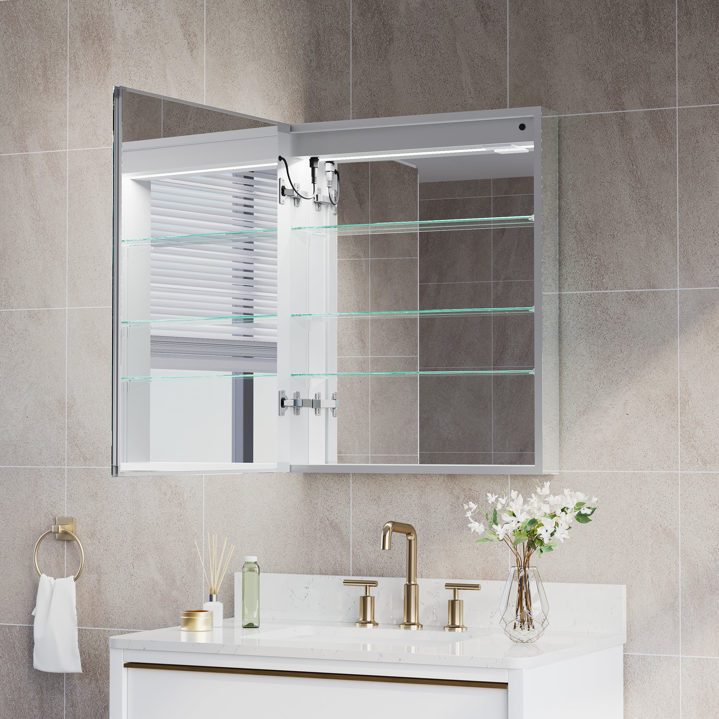 24 in. x 30 in. LED Lighted Surface/Recessed Mount Silver Mirrored Medicine Cabinet with Outlet left Side
