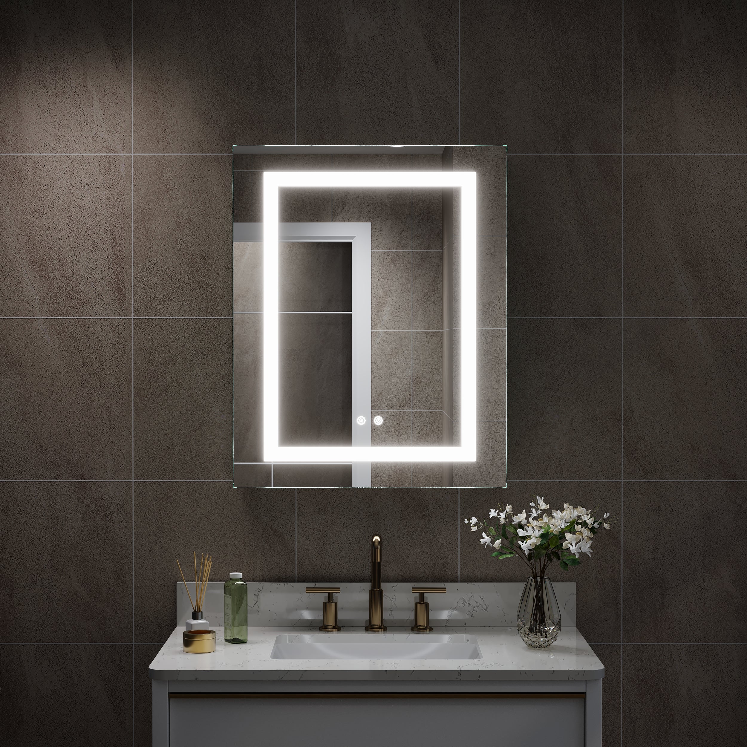 24 in. x 30 in. LED Lighted Surface/Recessed Mount Silver Mirrored Medicine Cabinet with Anti-Fog, Dimmable, Outlet left Side