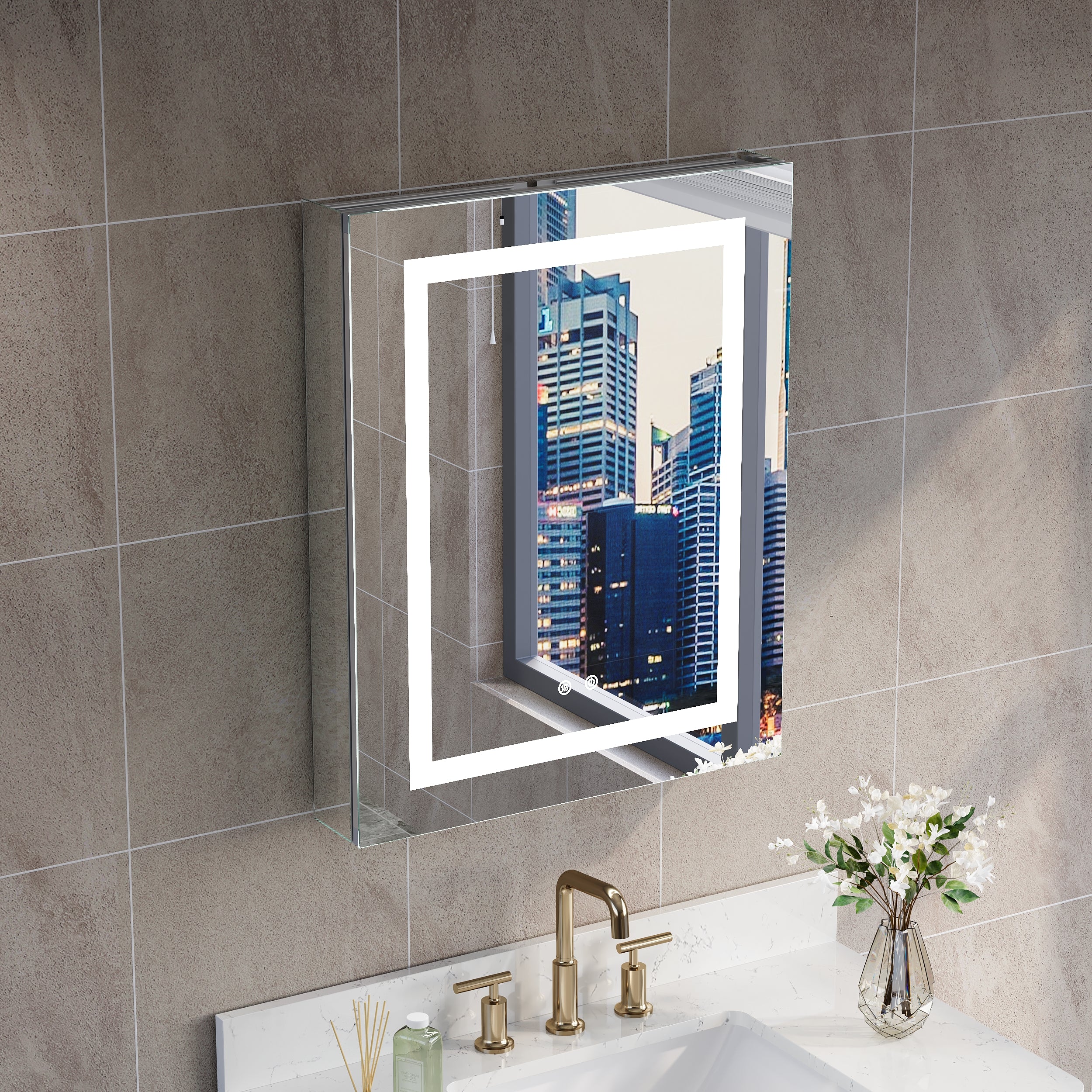 24 in. x 30 in. LED Lighted Surface/Recessed Mount Silver Mirrored Medicine Cabinet with Outlet right Side